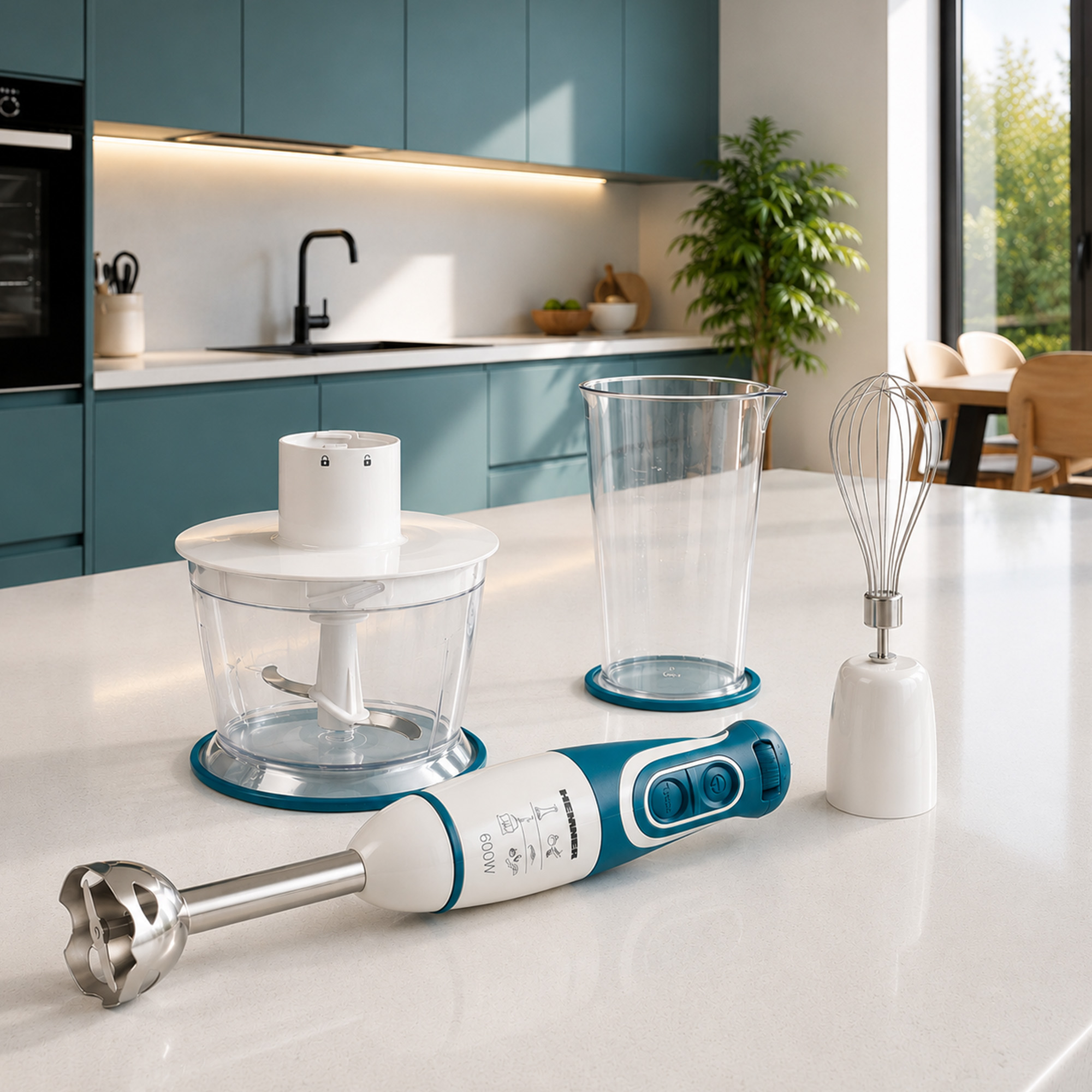 Ein Stabmixer-Set mit Zubehör auf einer Küchentheke.