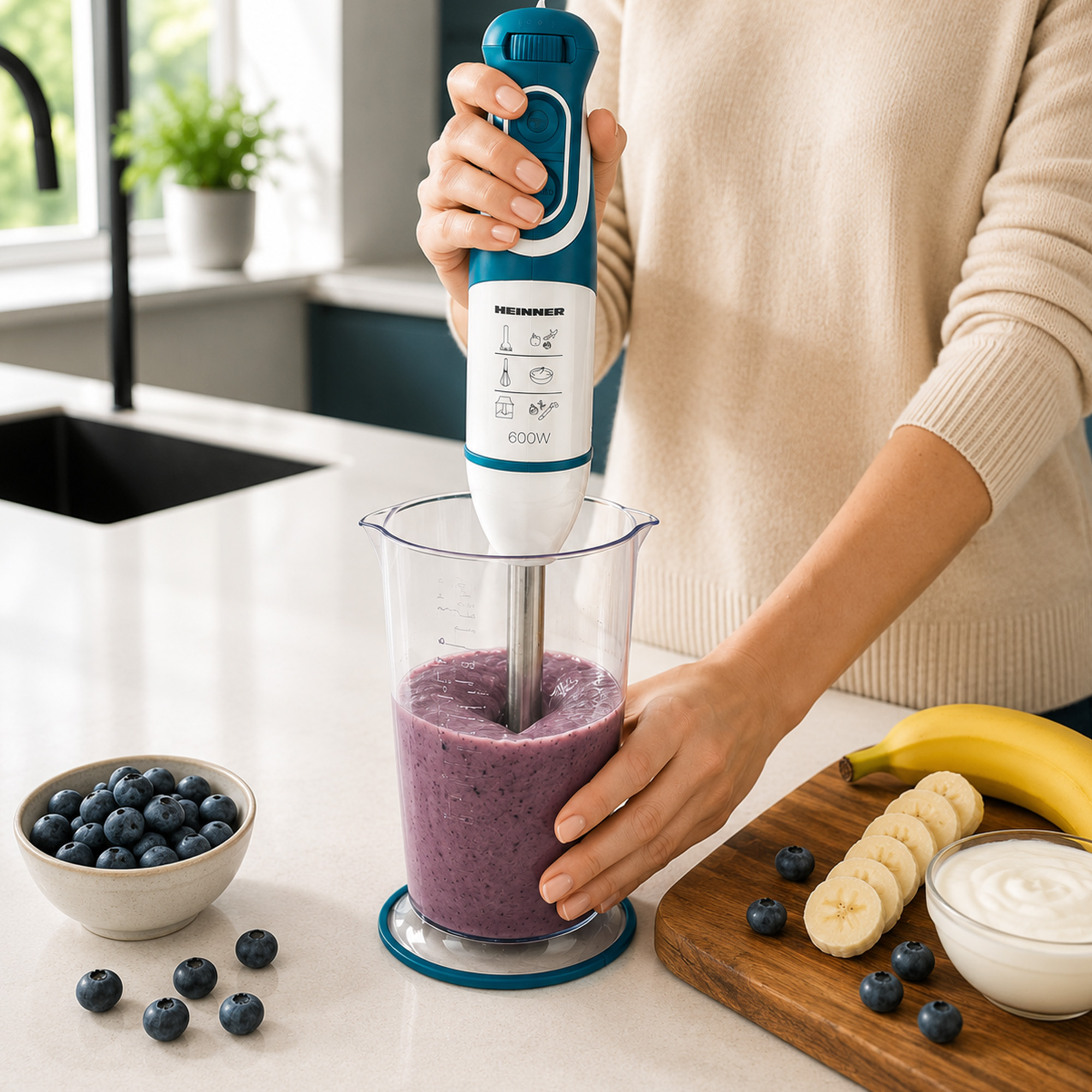 Eine Person mixt einen lila Smoothie mit einem Handmixer in einem Messbecher.