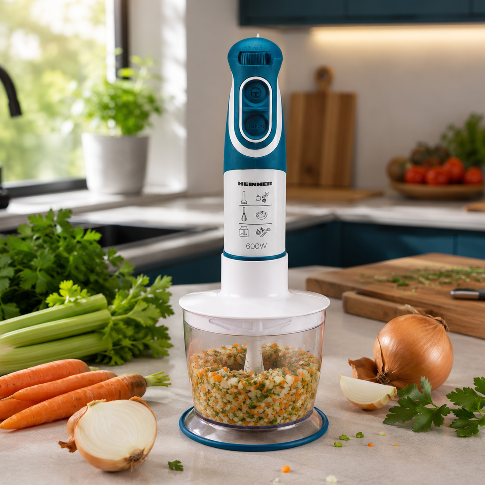 Ein blau-weißer Stabmixer steht neben gehackten Karotten, Sellerie und Zwiebeln.