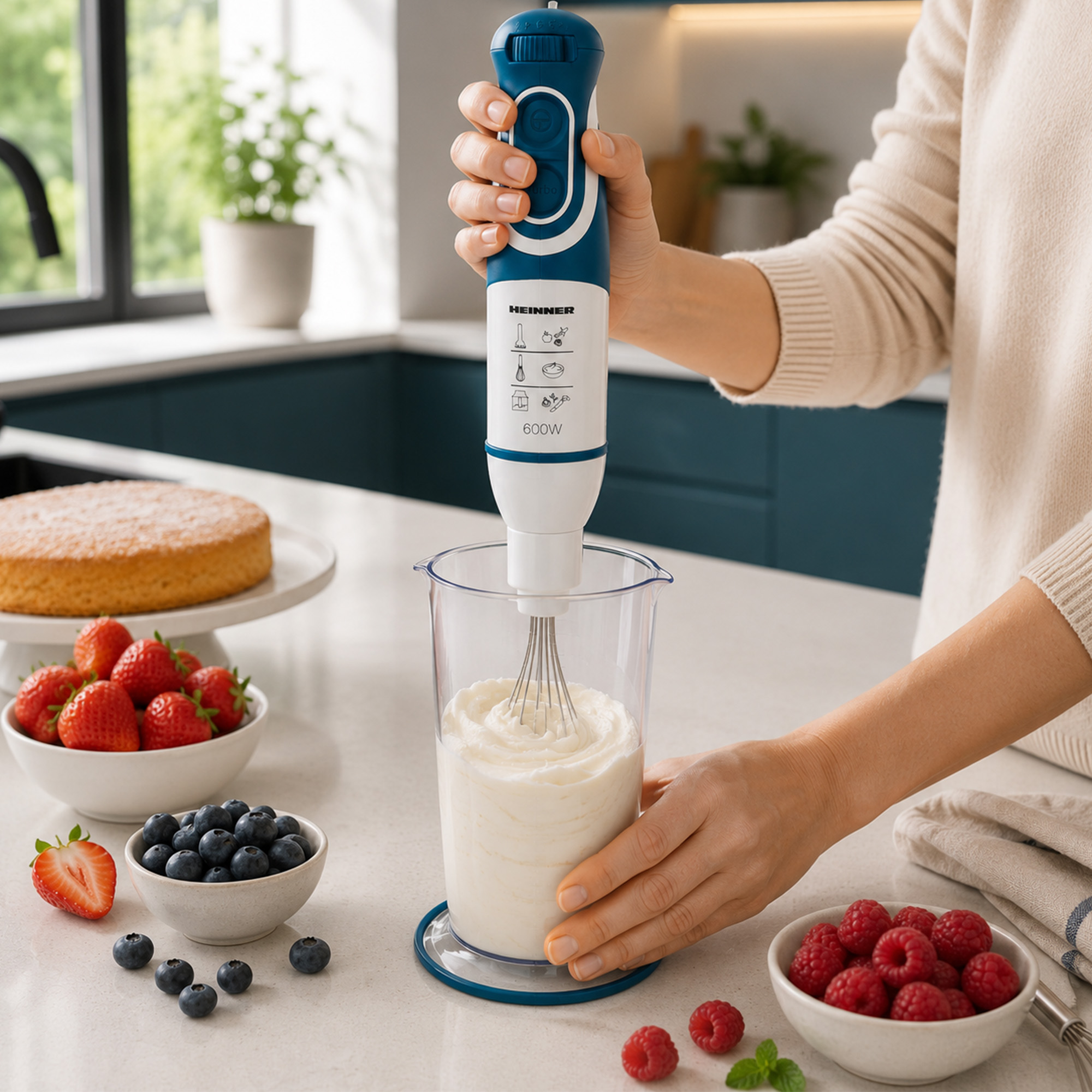 Eine Hand hält einen blauen Stabmixer, der Sahne in einem Becher schlägt. Obst liegt daneben.