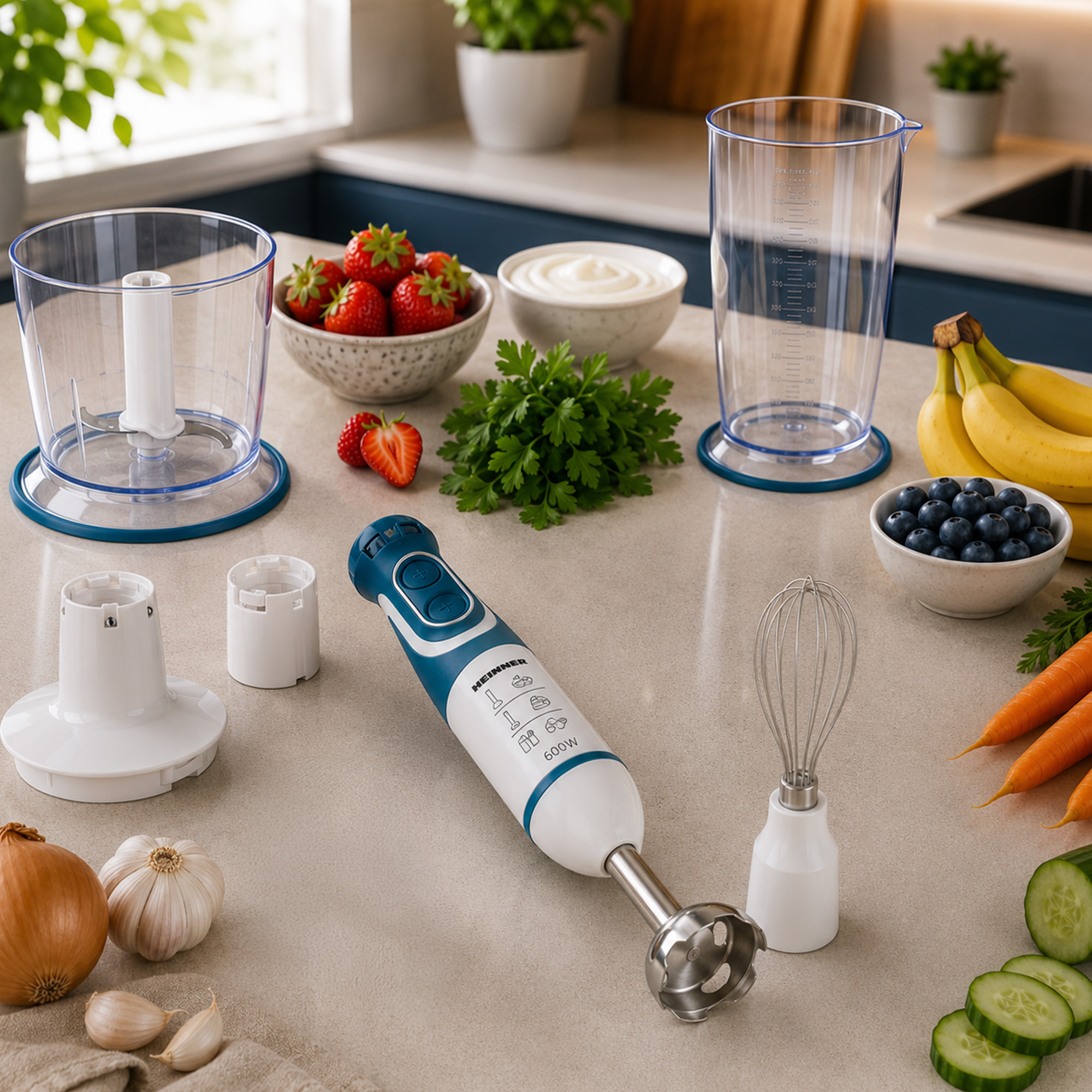 Ein Handmixer mit Zubehör, Beeren, Bananen, Gemüse und Kräutern auf einer Arbeitsplatte.