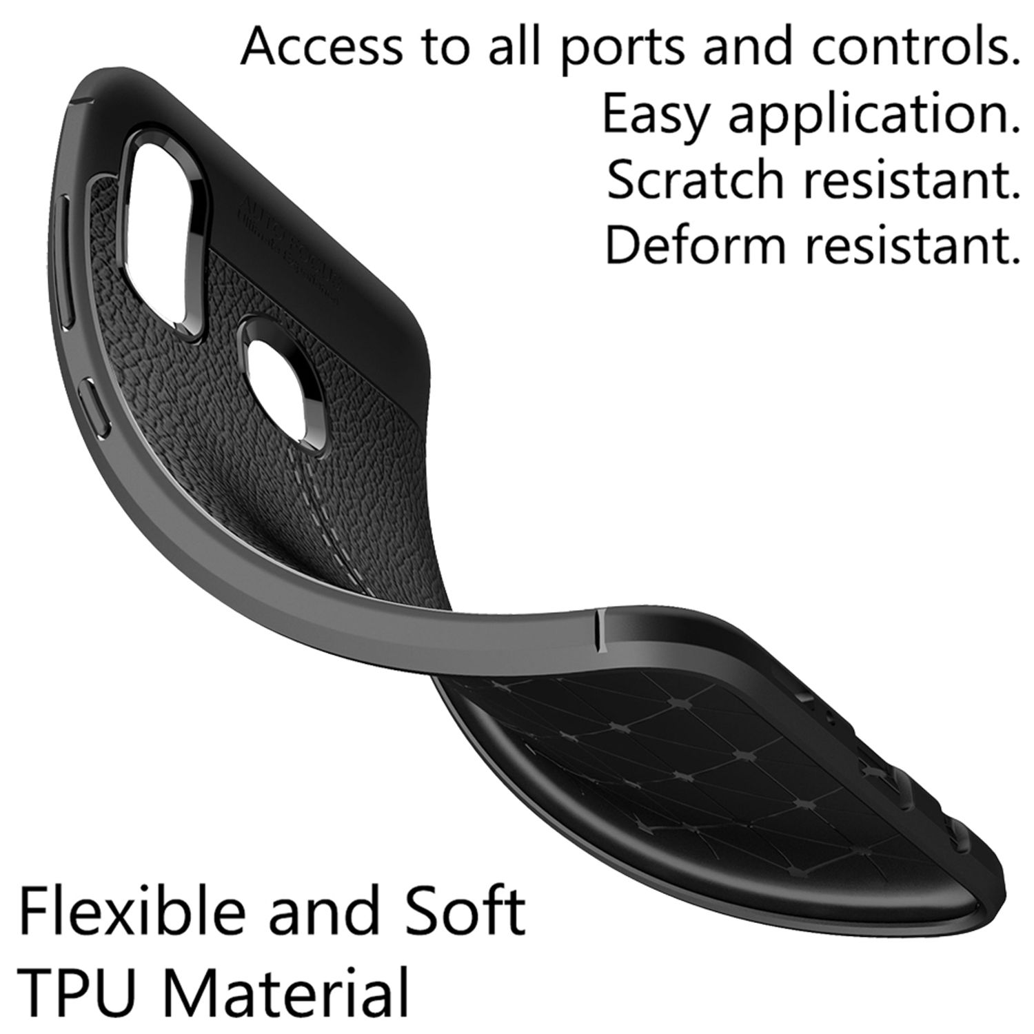 Schwarze, flexible TPU-Handyhülle mit strukturierter Oberfläche. Zugänglich für Anschlüsse.