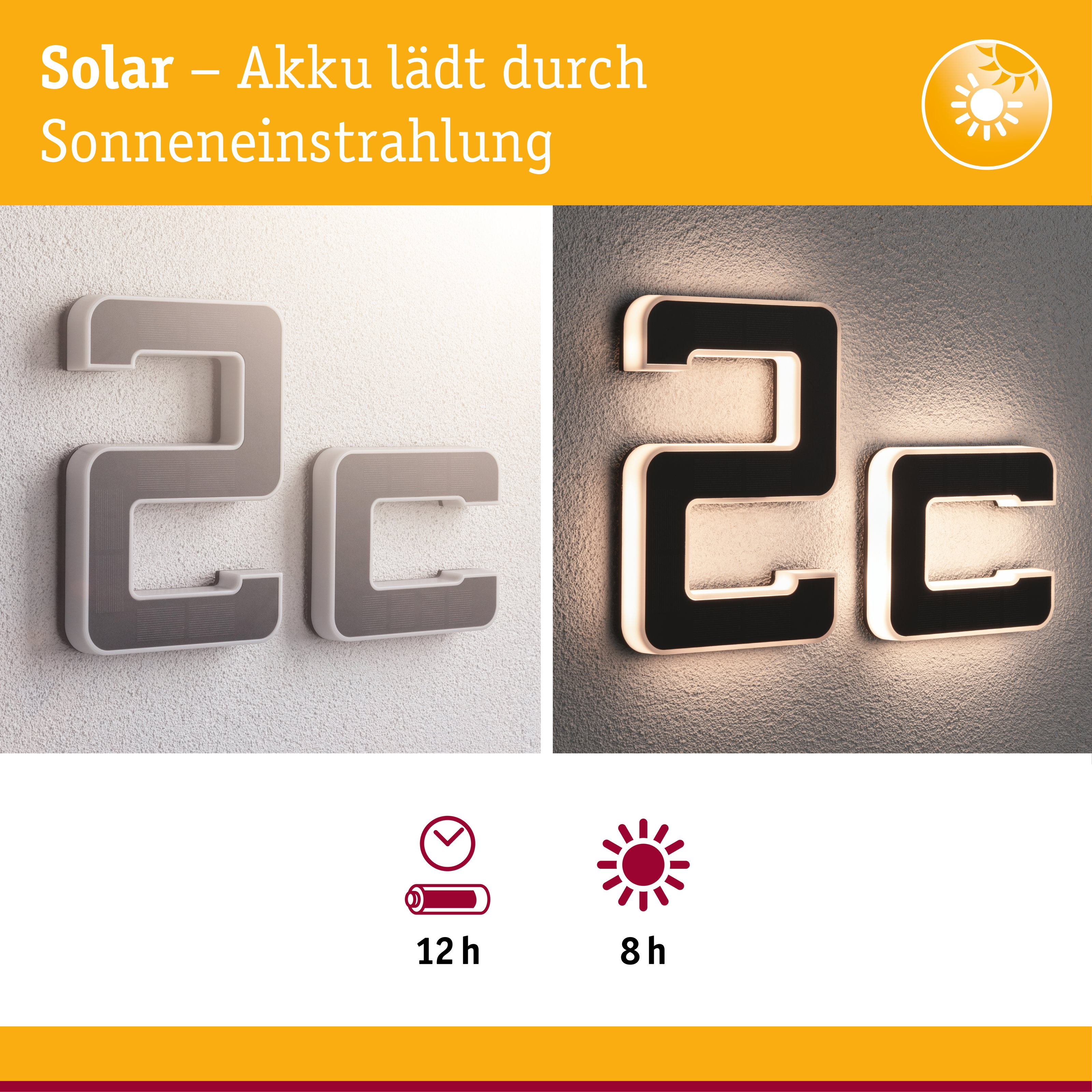 Zwei beleuchtete Buchstaben '2c' hängen an einer Wand, daneben Symbole für Batterie und Sonne.