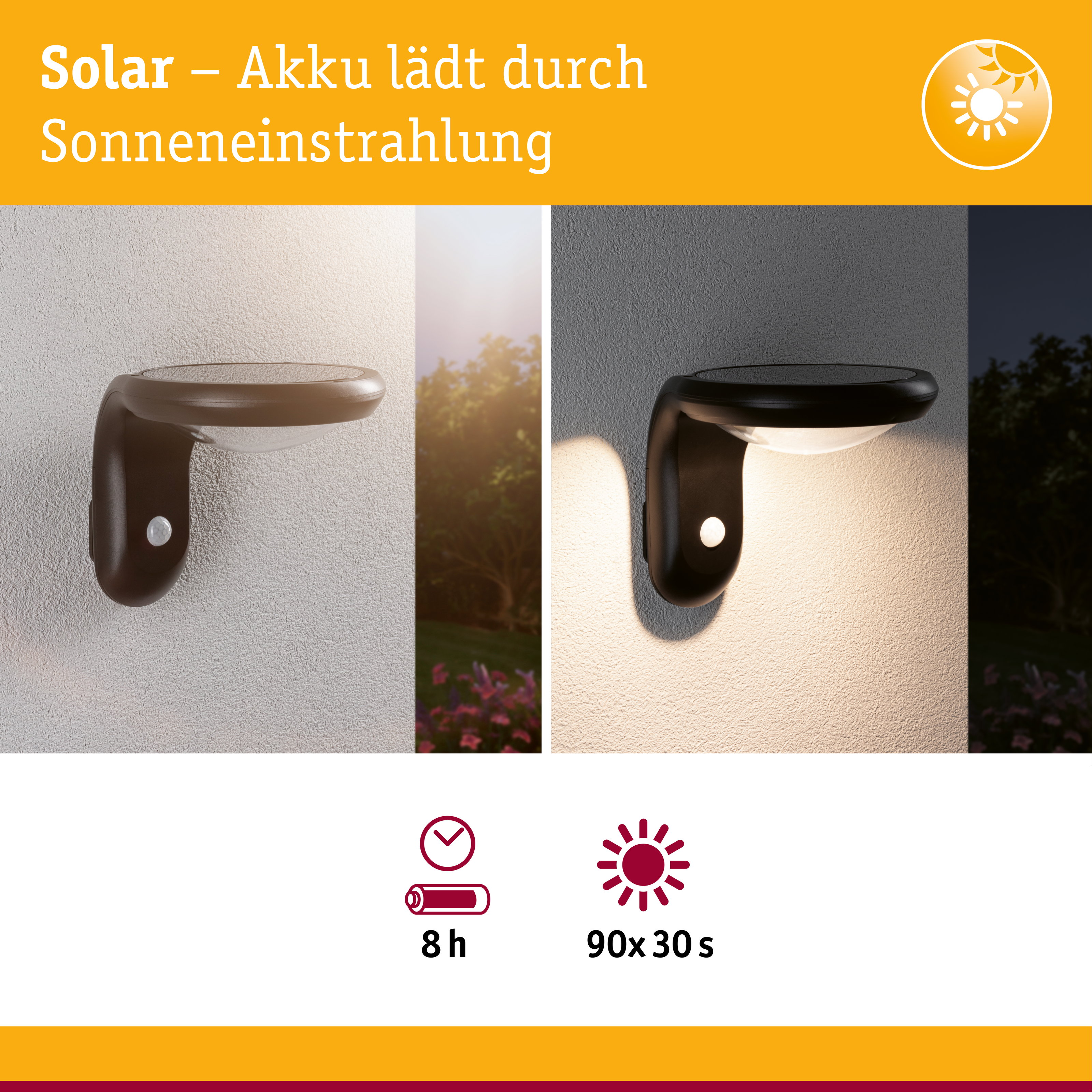 Solarleuchte am Tag und in der Nacht. Ladezeit und Betriebsdauer.