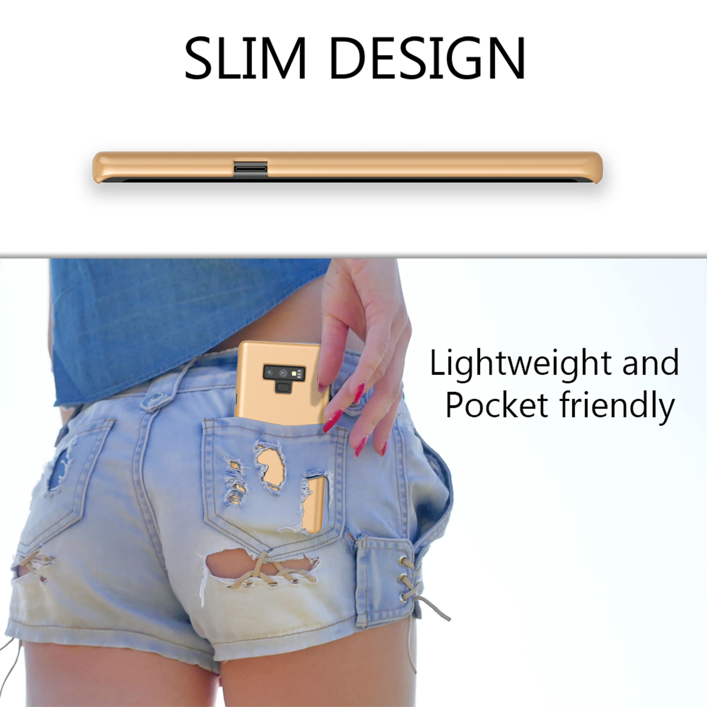 Smartphone dorato in tasca di jeans strappata. Design sottile.