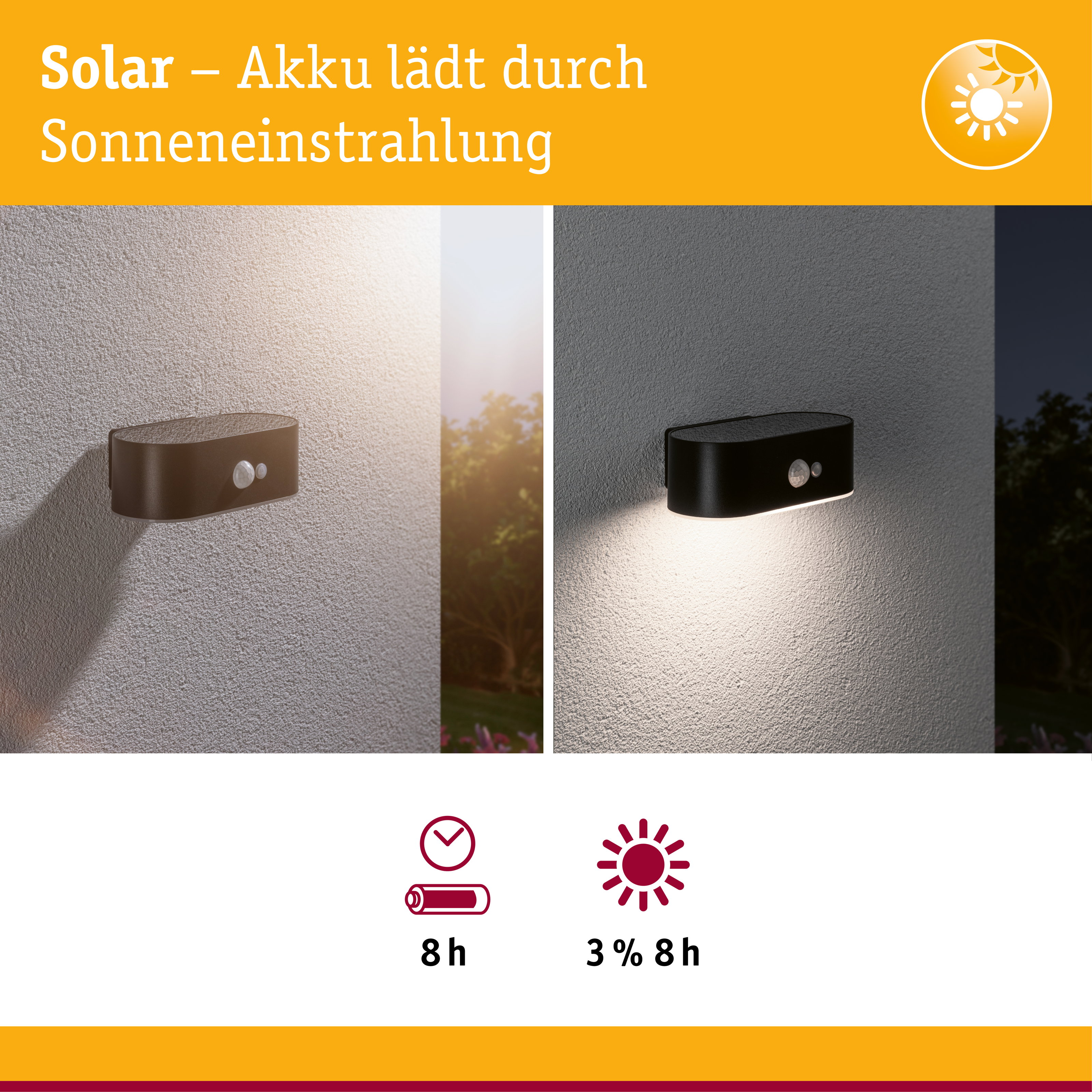 Solar-Außenleuchte mit Bewegungsmelder, tagsüber und nachts.
