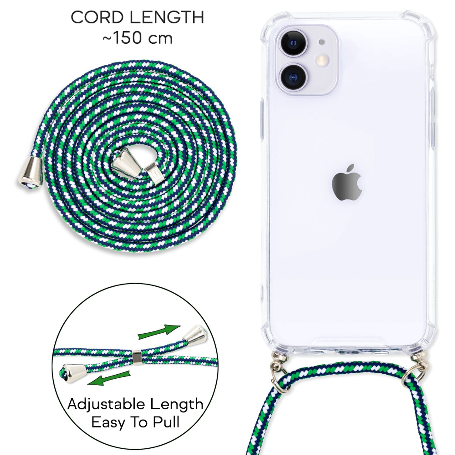 Un cordino per telefono blu, verde e bianco con ferramenta argentata.
