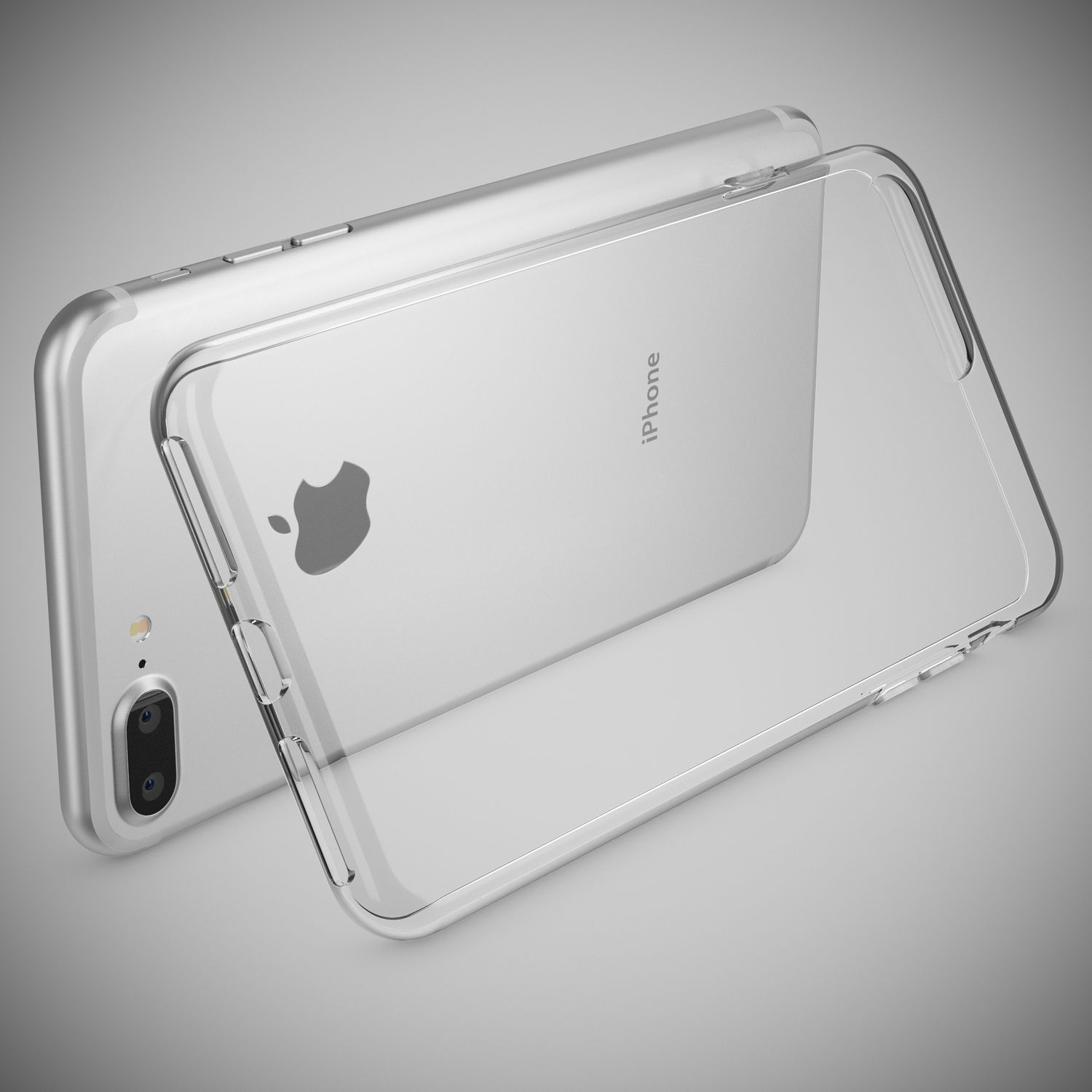 Una funda transparente para iPhone descansa sobre un iPhone plateado.