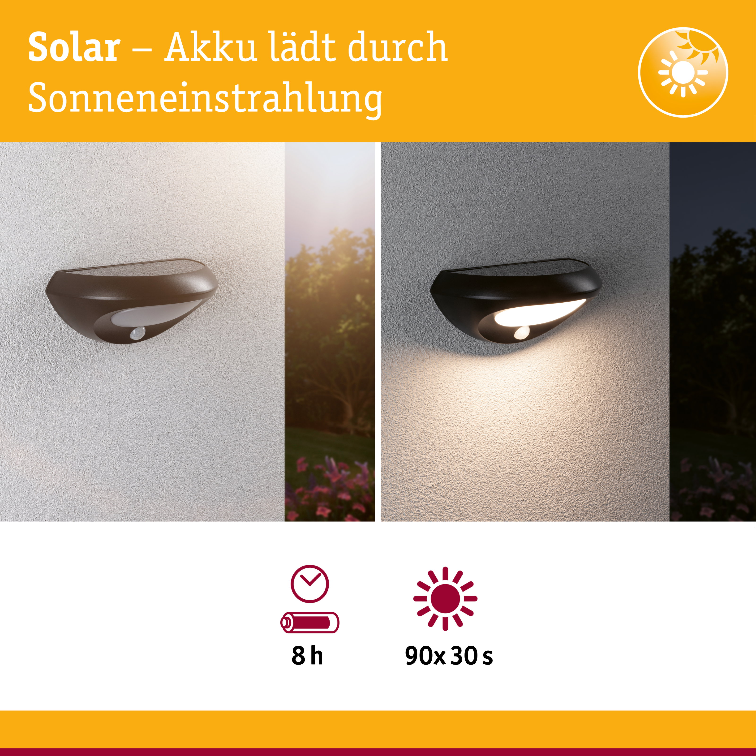 Solarleuchte an Wand: Tagsüber lädt sie, nachts leuchtet sie.