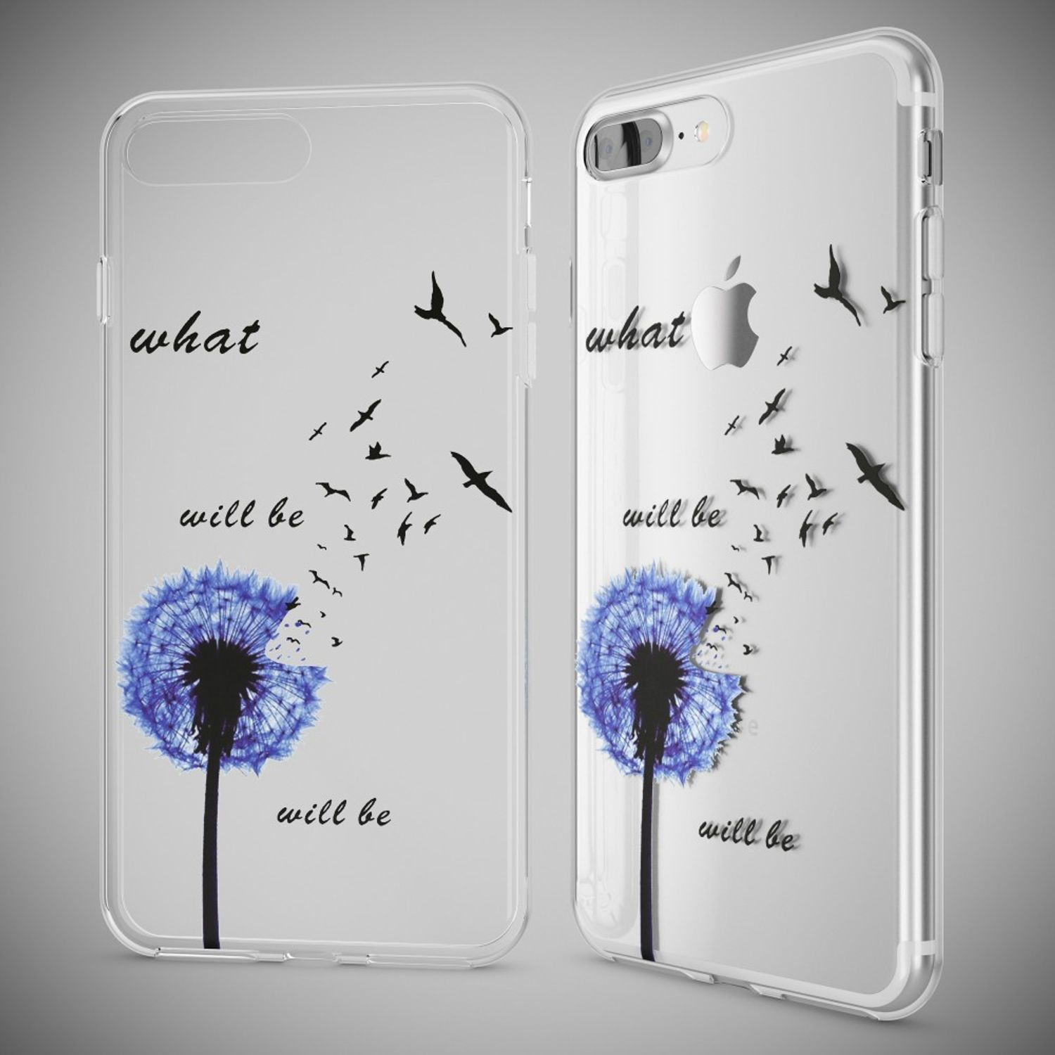 Transparente Handyhülle mit einem blauen Löwenzahn und fliegenden Vögeln.