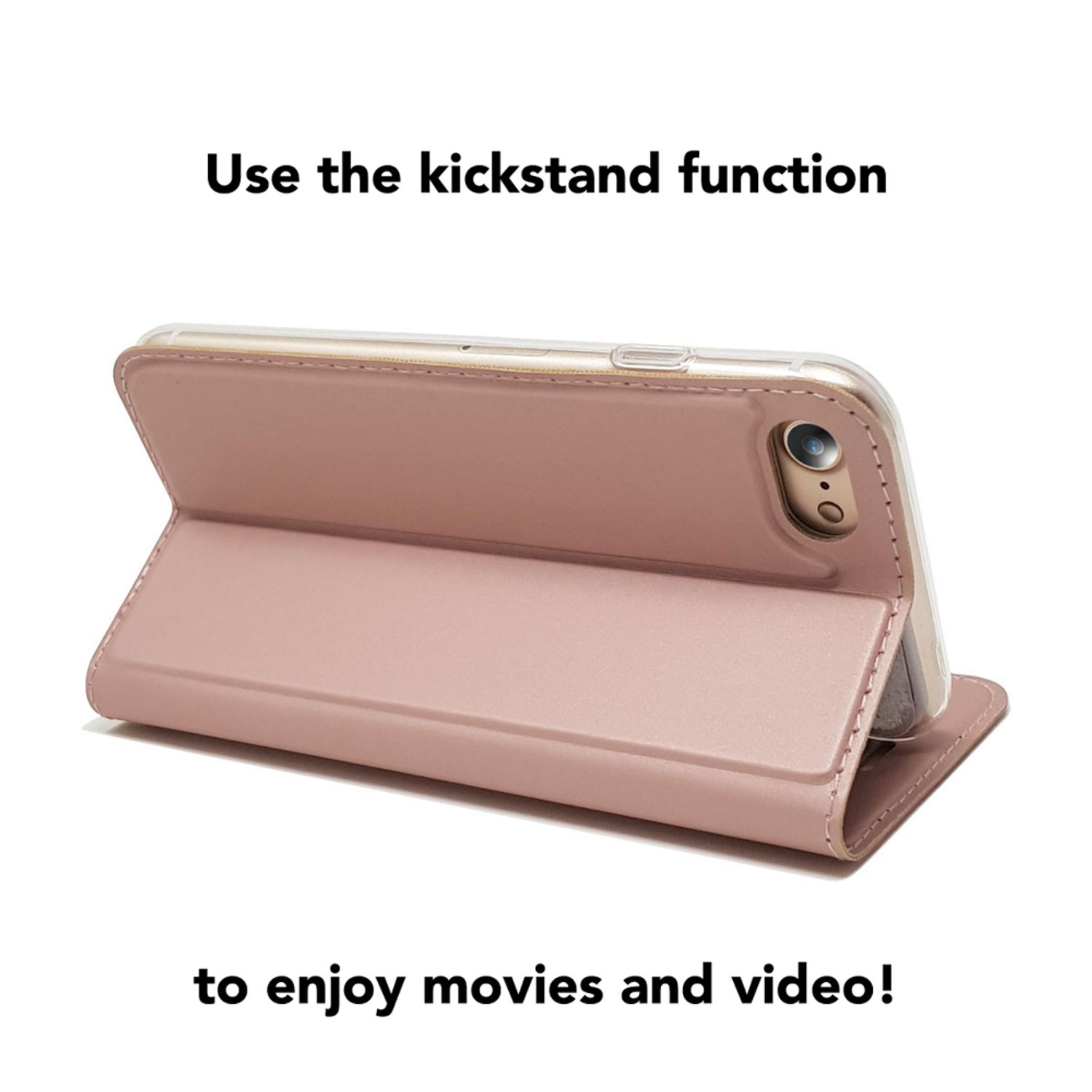 Ein rosa Handyhülle mit Ständerfunktion, die ein Handy hält.