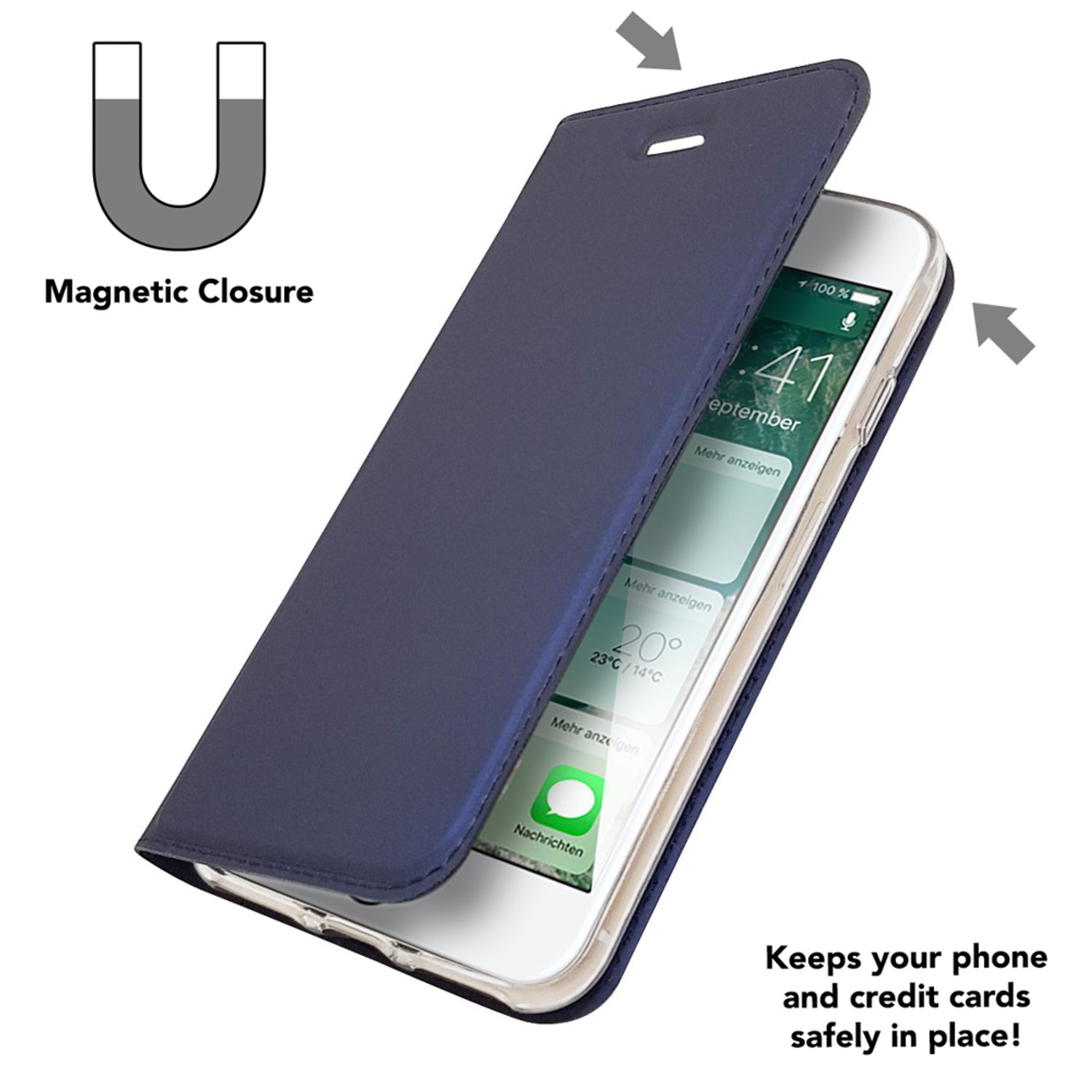 Ein dunkelblaues Handycover mit magnetischem Verschluss schützt ein Smartphone.