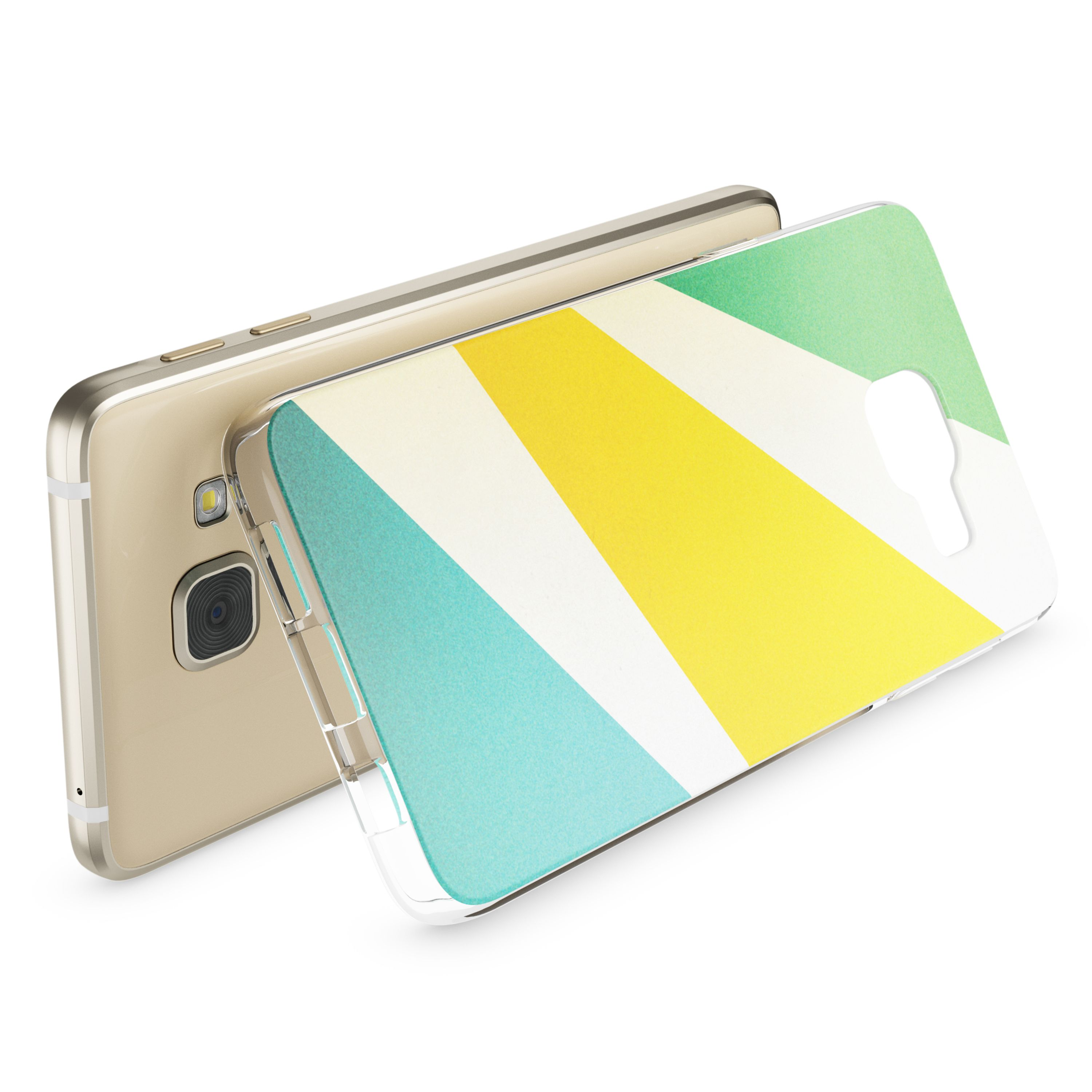 Ein goldenes Smartphone mit einer Hülle mit Streifen in Grün-, Gelb- und Weißtönen.