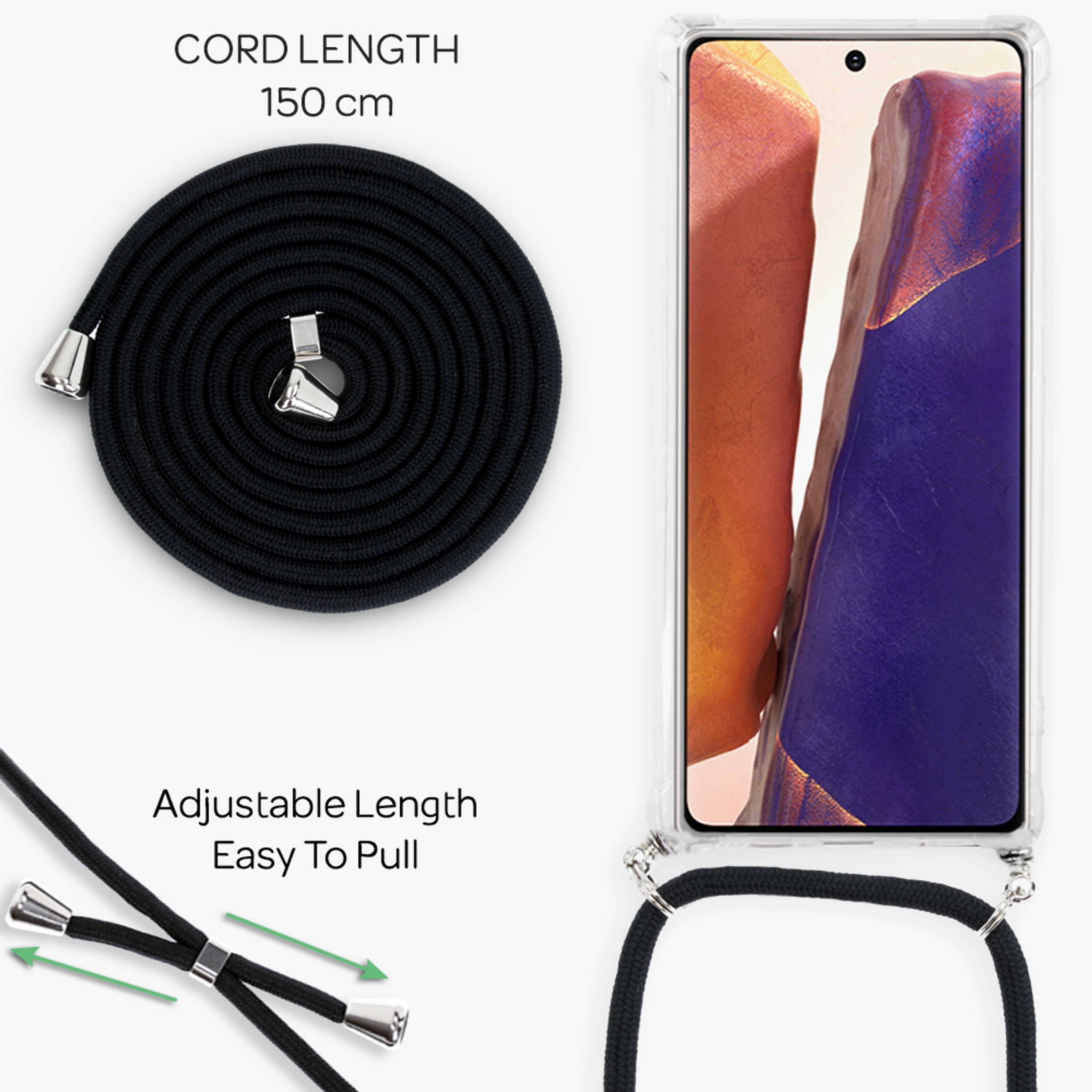 Laccio nero per telefono, lungo 150 cm, con finiture argentate, attaccato a una custodia trasparente.