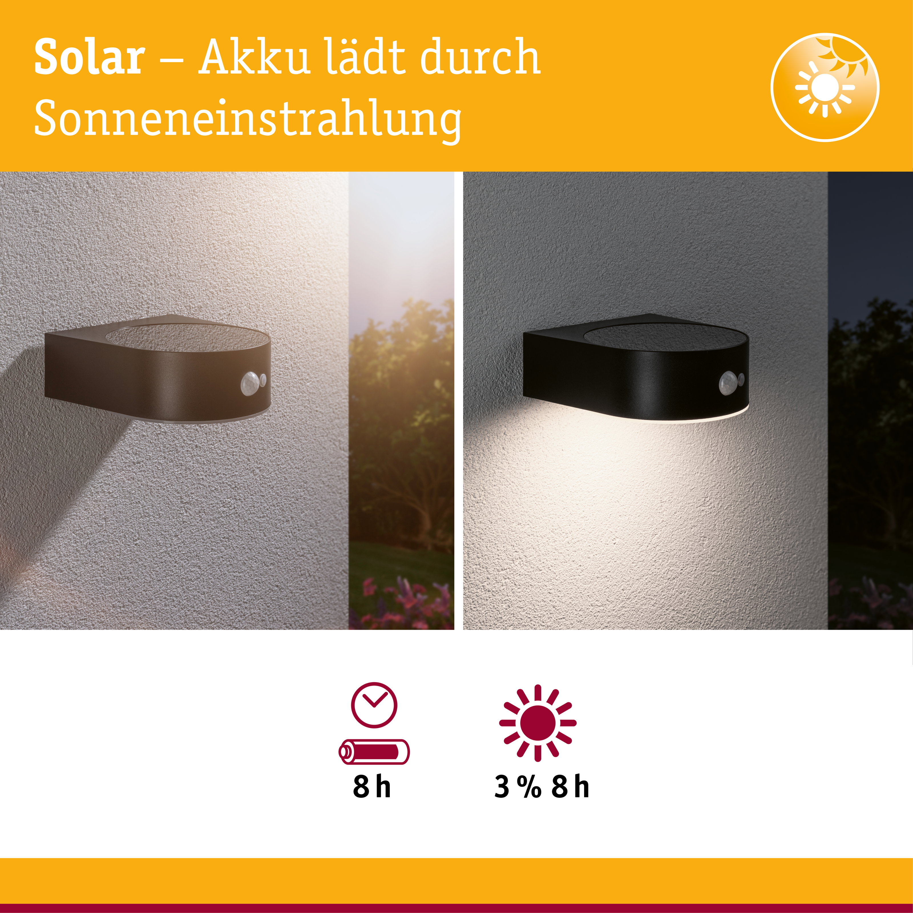 Solarleuchte lädt bei Sonne. Zeigt 8h Akku und 3% 8h Laufzeit.