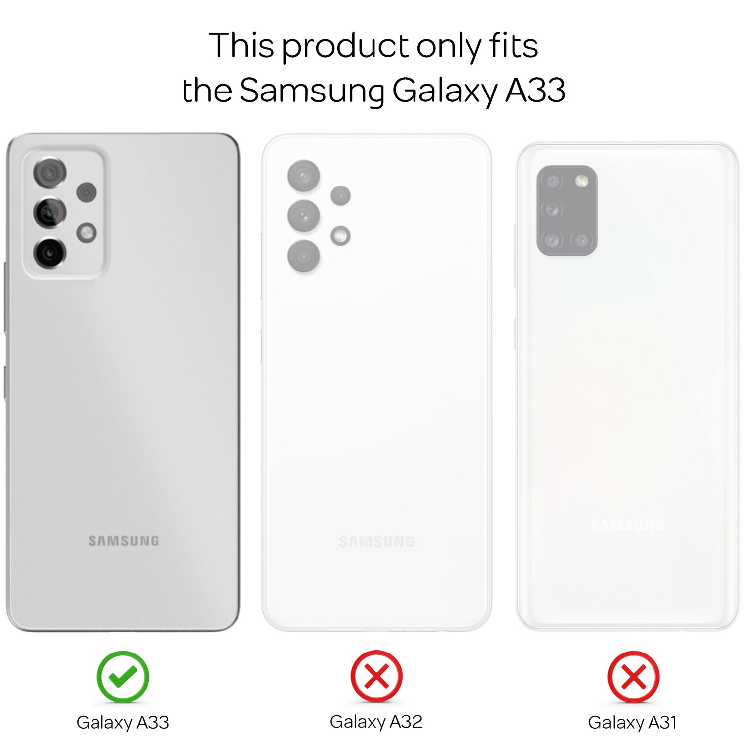 Drei Samsung-Handys: A33 mit Häkchen, A32 und A31 mit Kreuzen.