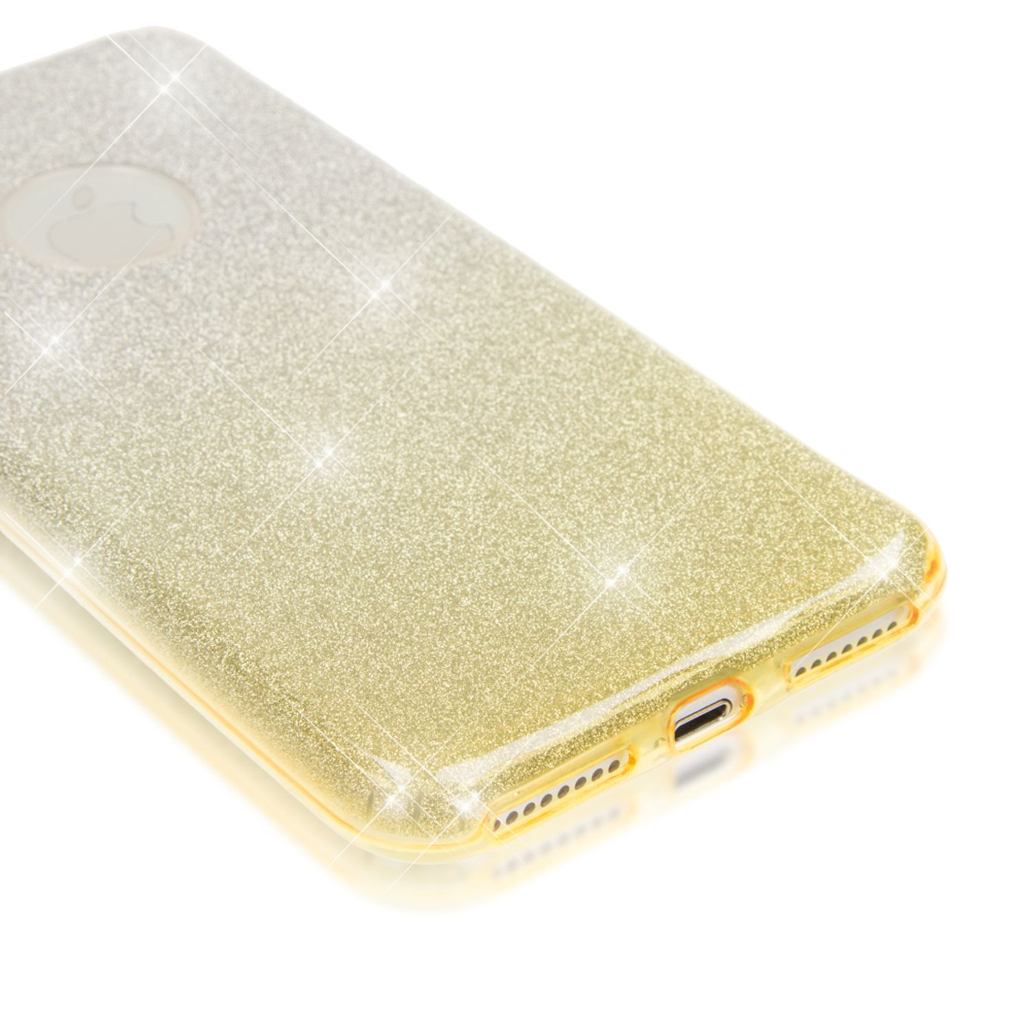 Goldfarbene Handyhülle mit Glitzerverlauf und Kameraaussparung.