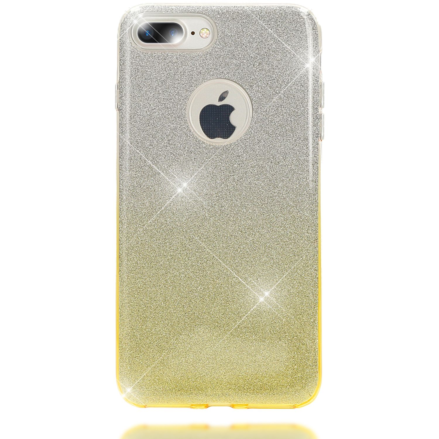 Ein glitzernder Handyhülle mit Farbverlauf von Silber zu Gold, mit Apple-Logo.