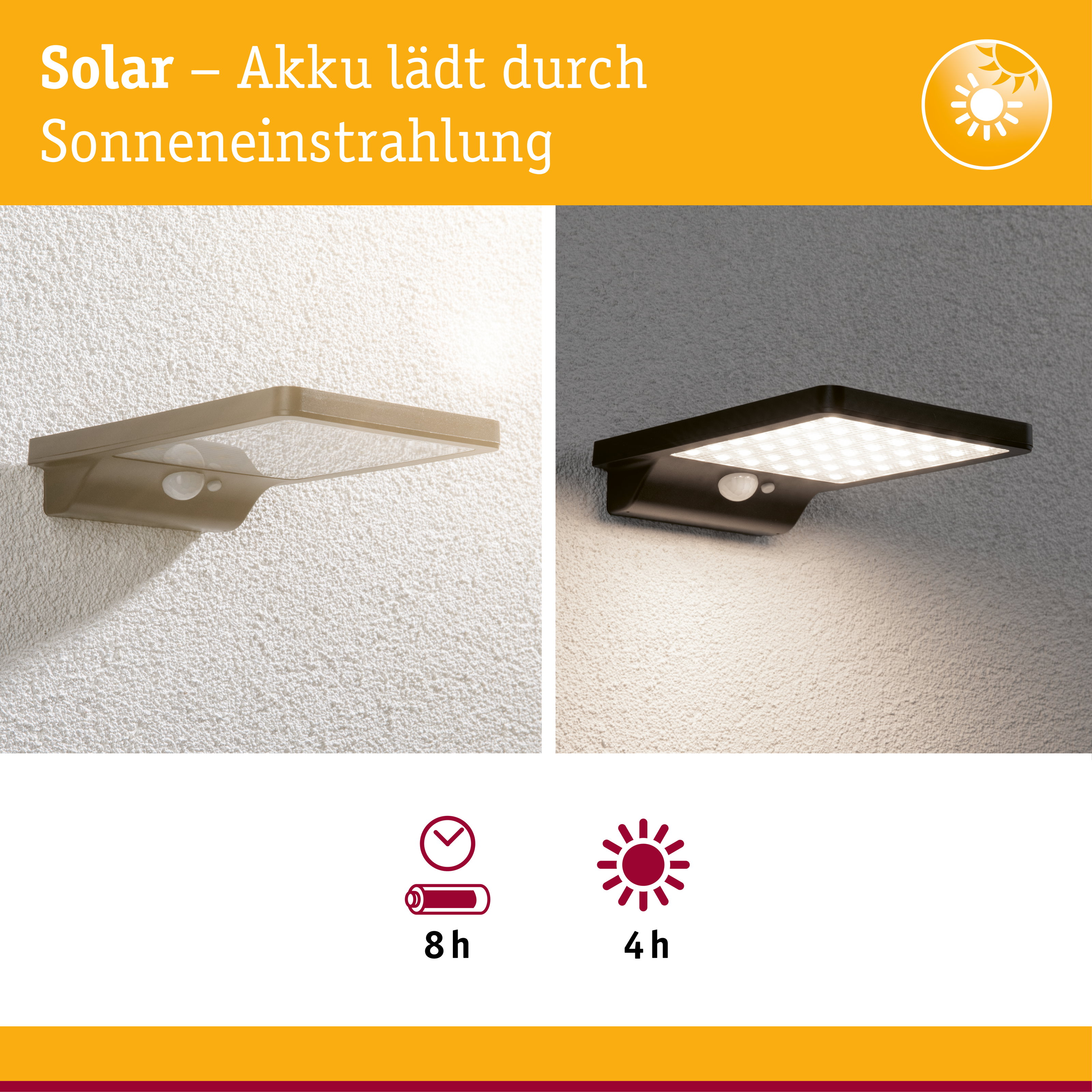 Solarleuchte mit Bewegungsmelder, tagsüber im hellen Licht, nachts beleuchtet.