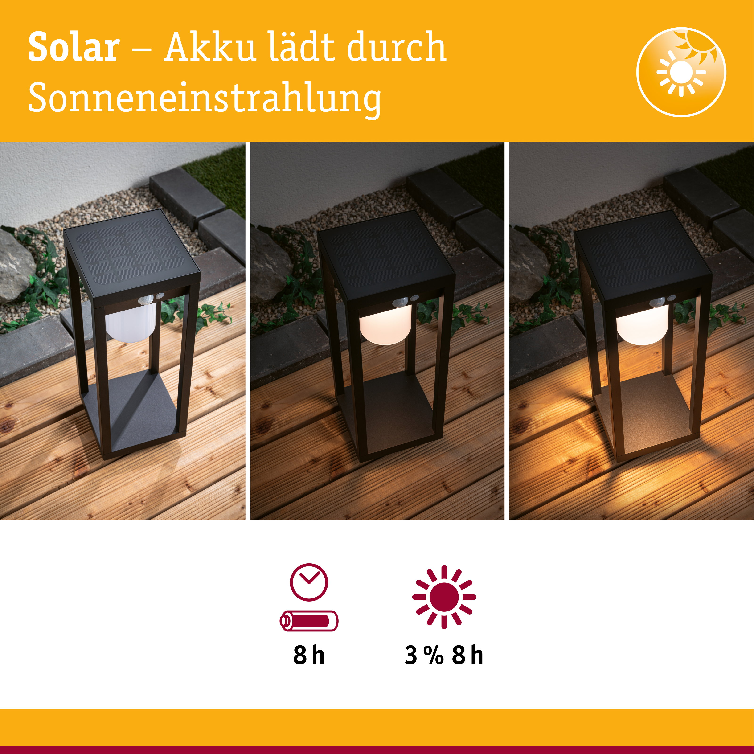 Lampada solare con indicatore di carica e durata luce. Mostra 8h di carica e 3% di durata luce.