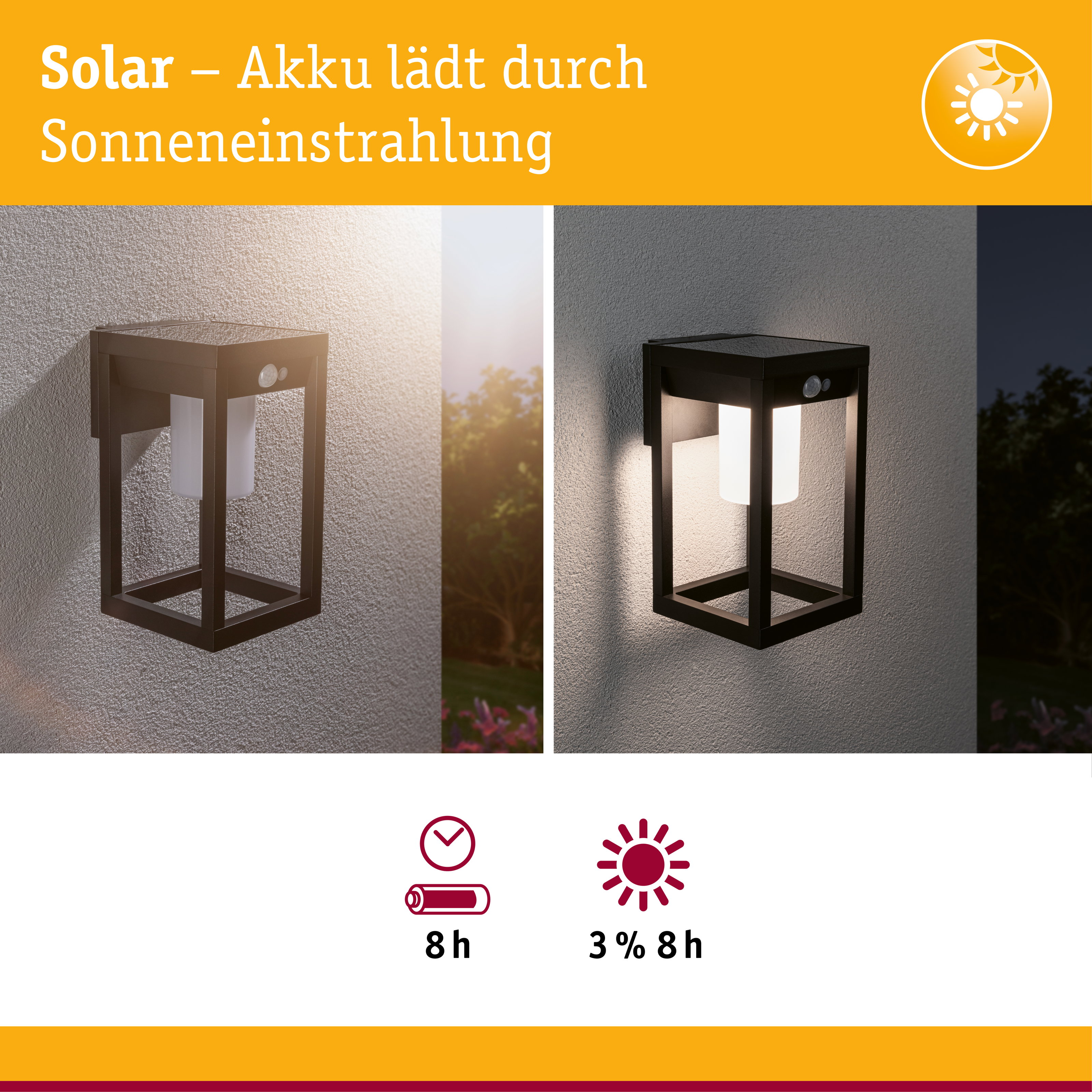 Lampada da parete solare con sensore di movimento, giorno e notte.