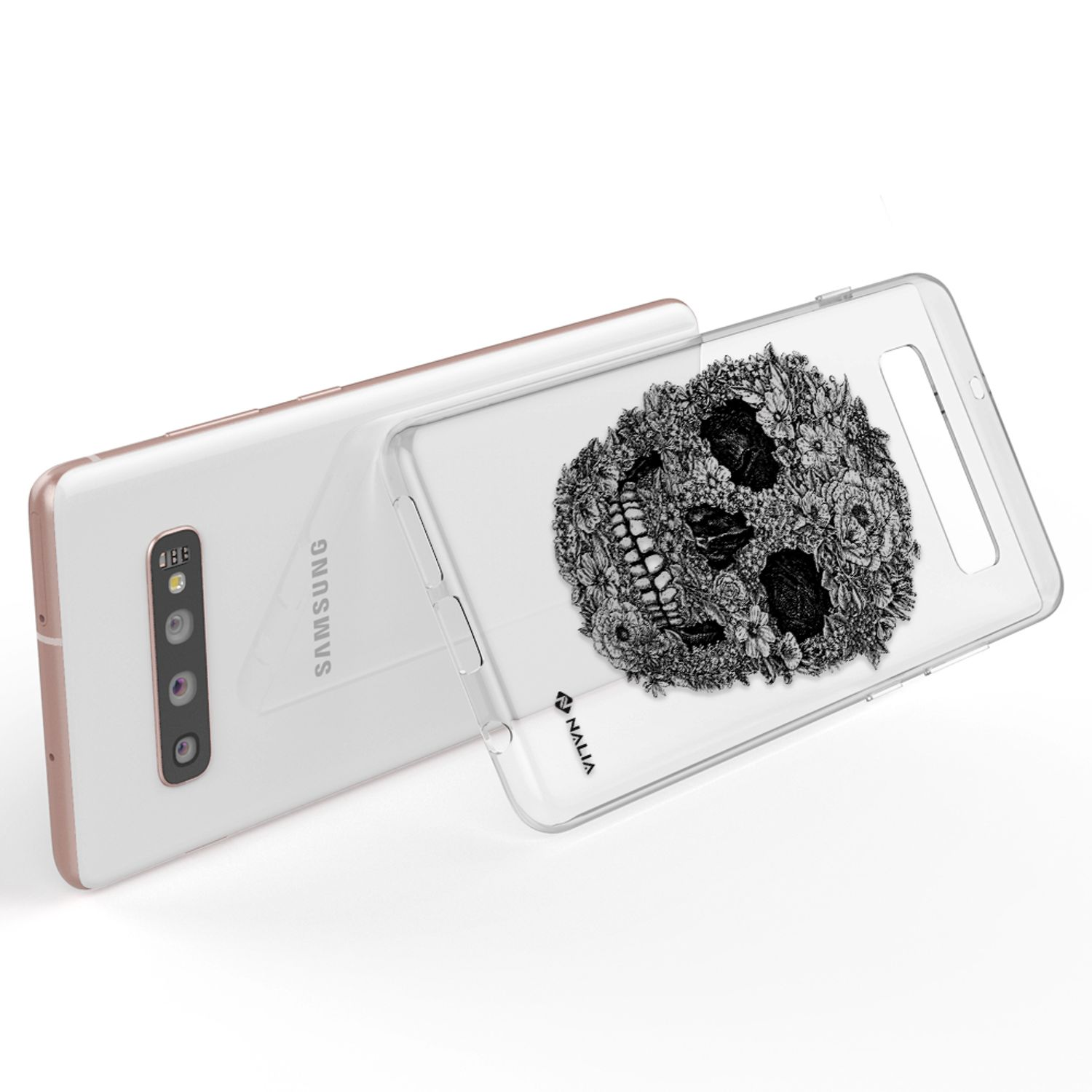 Ein weißes Samsung-Handy mit einer durchsichtigen Hülle mit Totenkopfmuster.