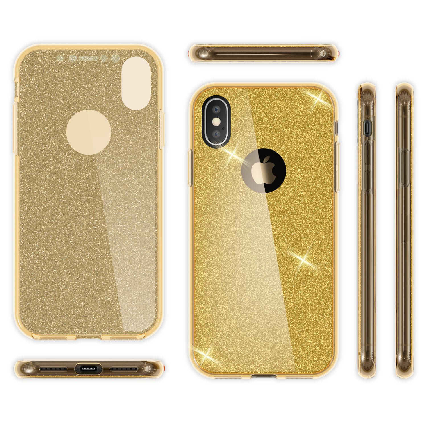Goldener Glitzer-Handyhülle, Vorder- und Rückansicht.
