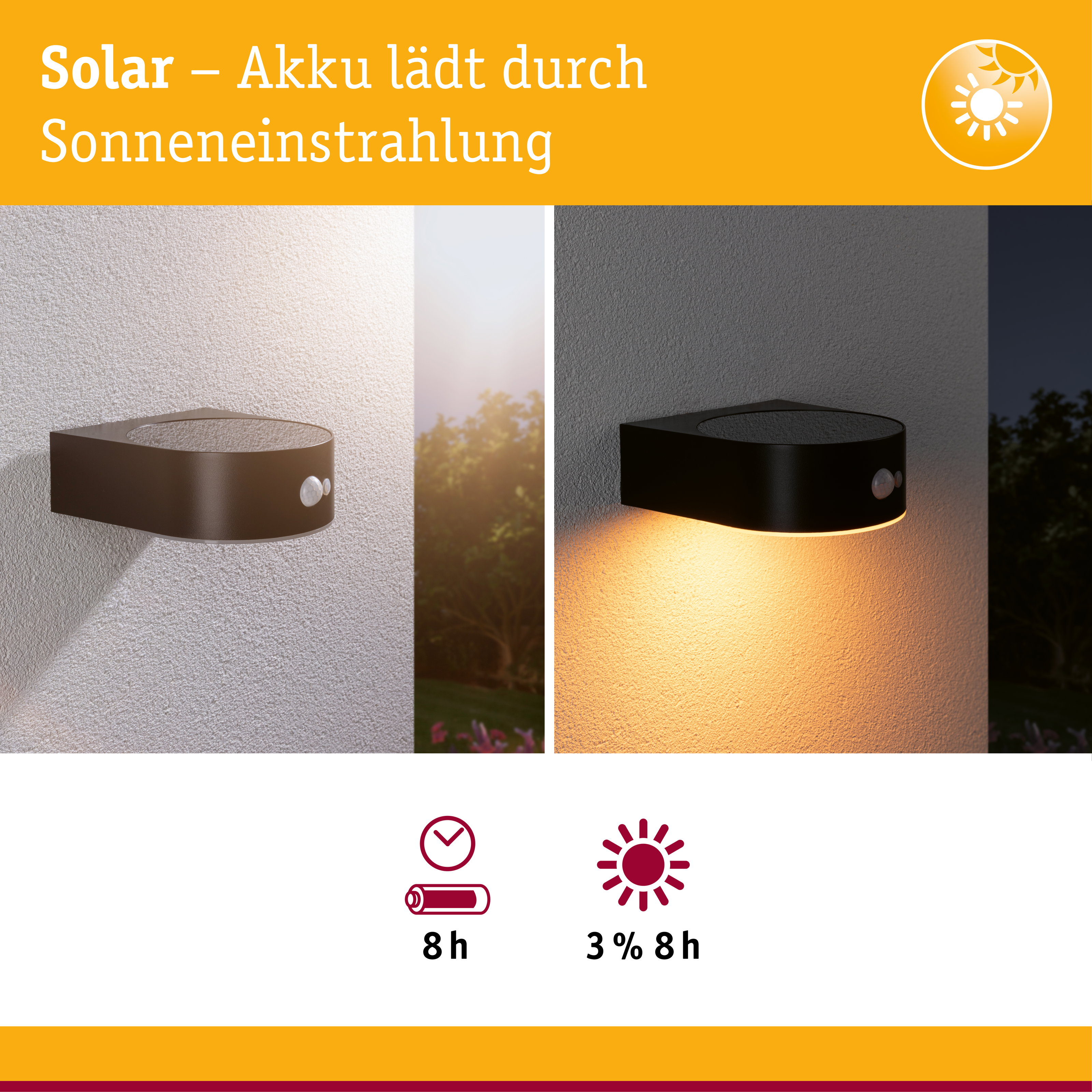 Luce solare carica al sole, illumina 8h. Mostra 3% batteria 8h.