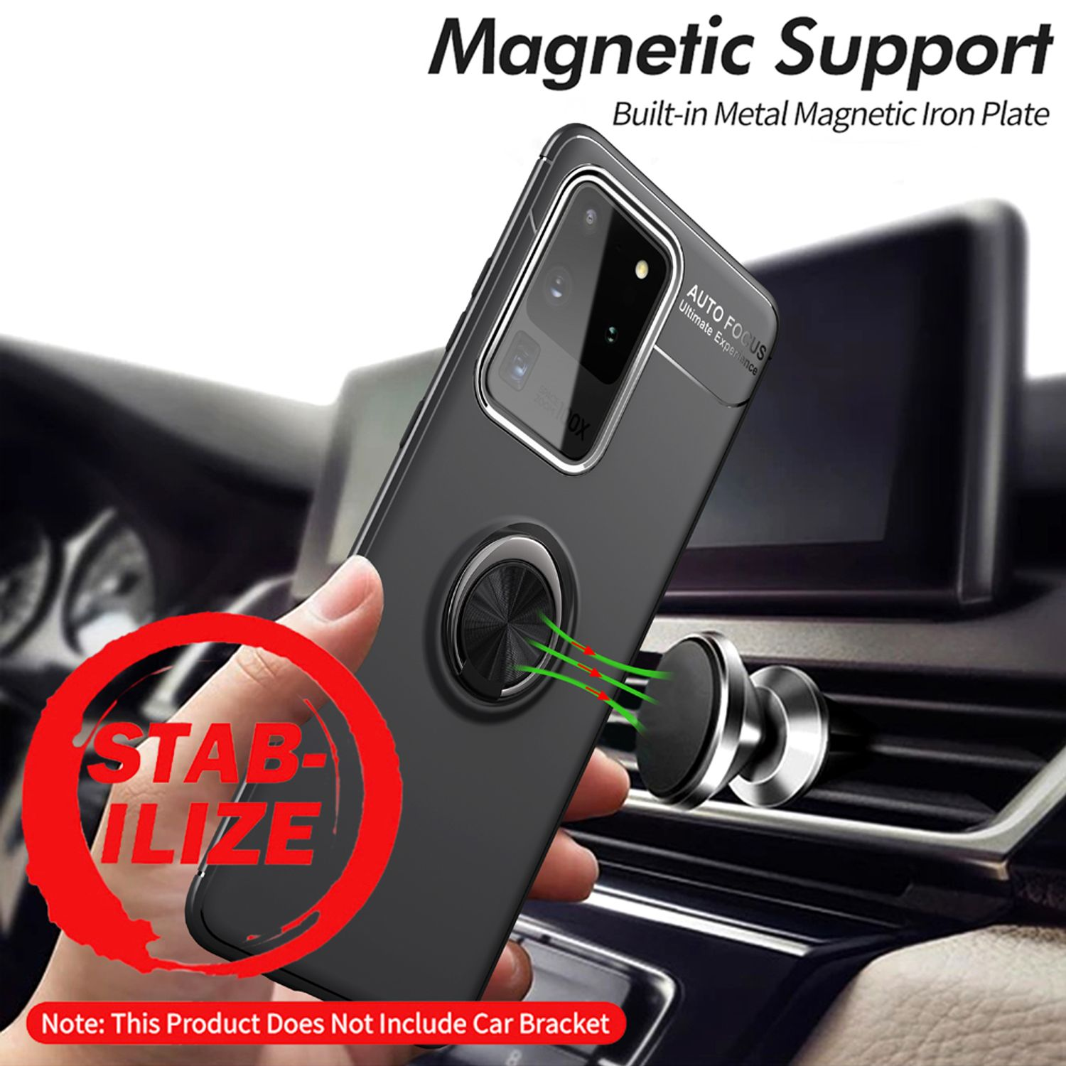 Schwarze Handyhülle mit magnetischem Ringhalter und Lüftungsschlitzhalterung im Auto.