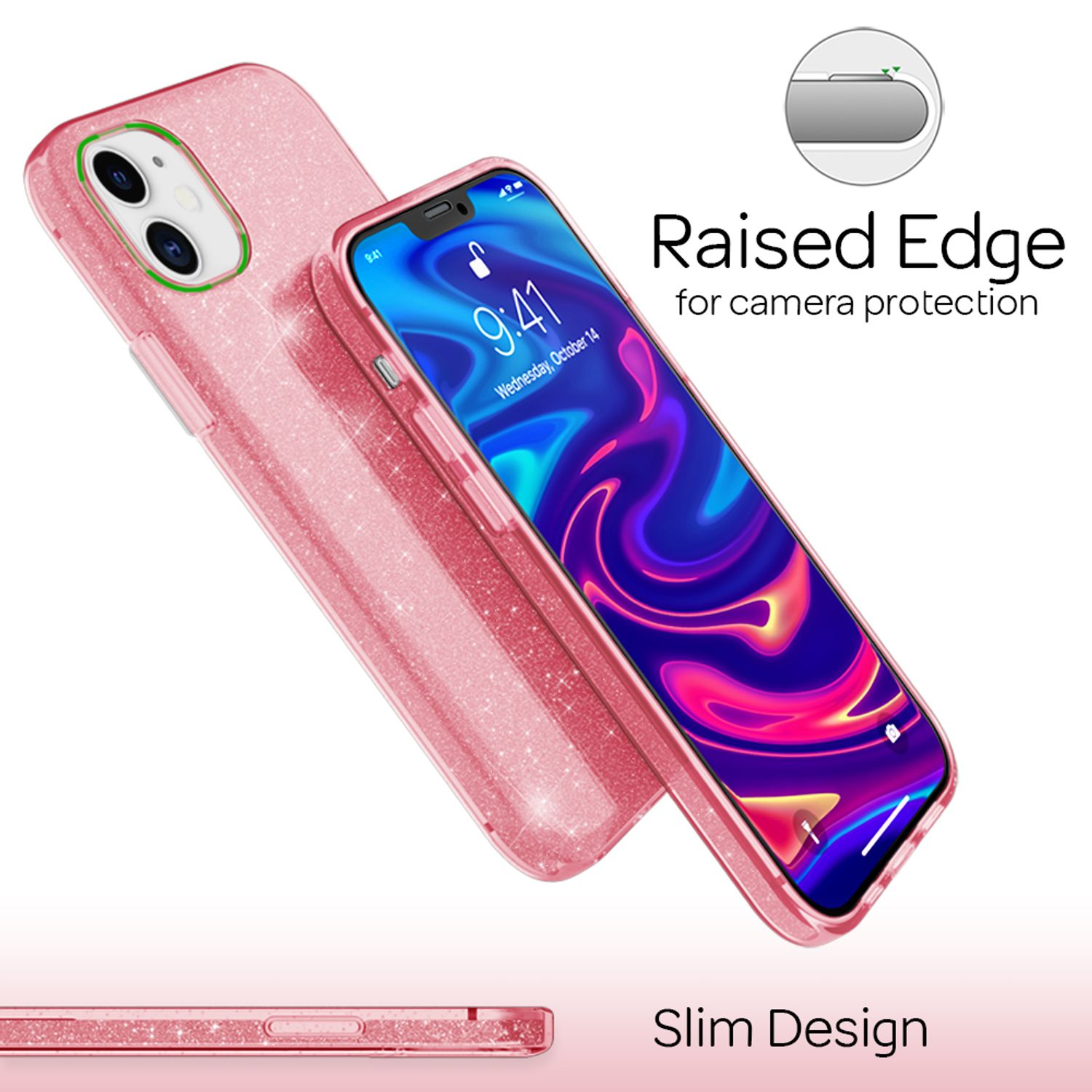 Ein glitzernder rosafarbener Handyhülle mit einem Smartphone, das einen bunten Bildschirm zeigt.