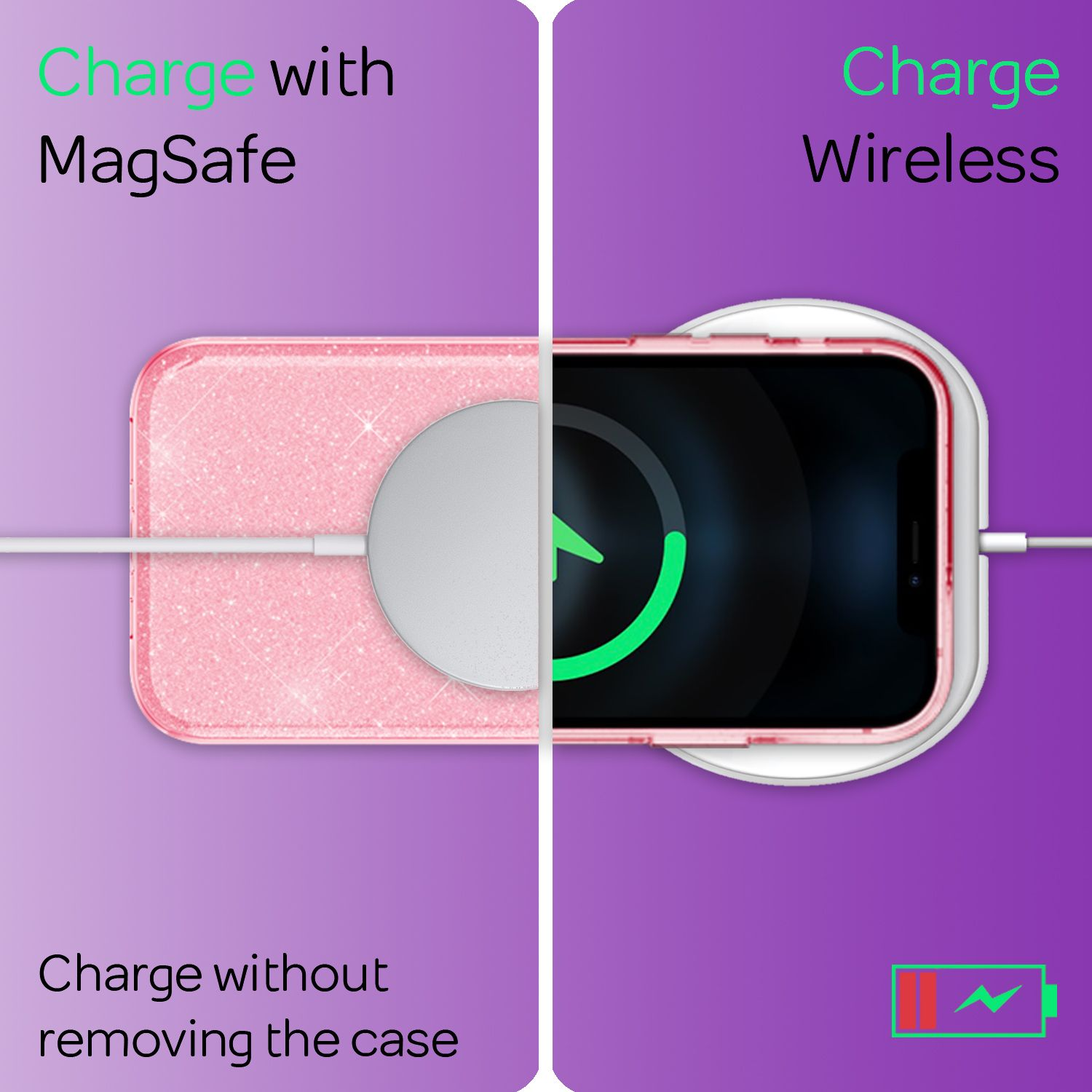Un iPhone rosa glitter con caricatore MagSafe e un altro con caricatore wireless.