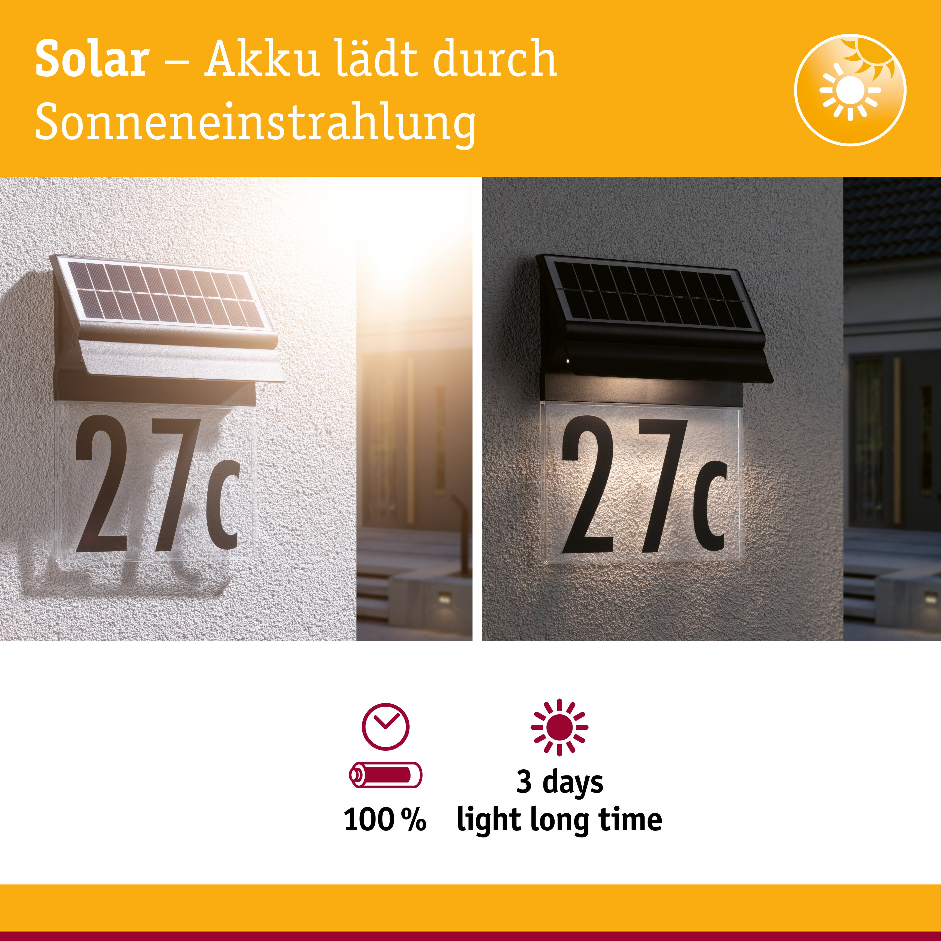 Solar Hausnummernschild: Links bei Tag, rechts bei Nacht. Akku lädt durch Sonne.