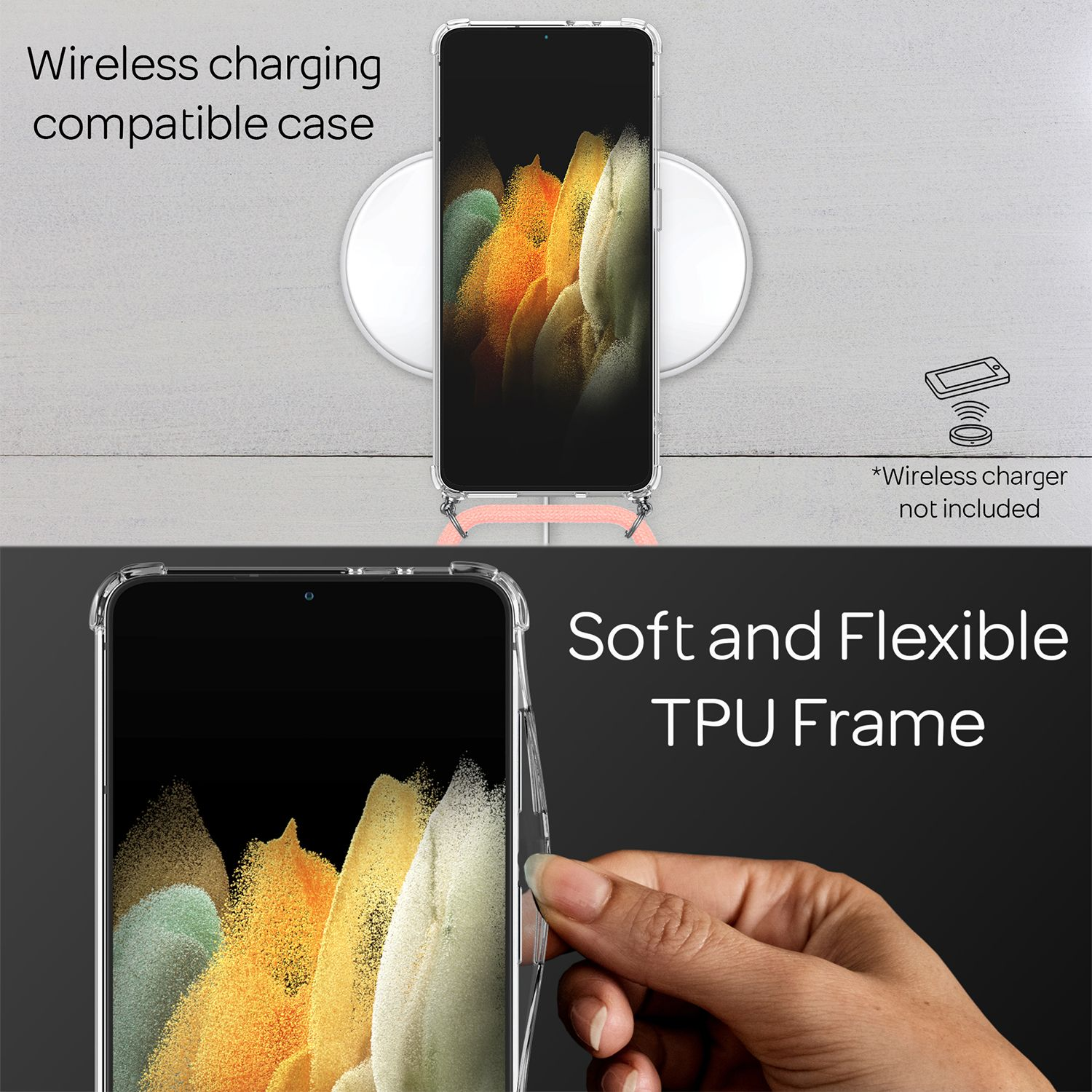 Custodia trasparente per telefono con telaio flessibile in TPU, compatibile ricarica wireless.