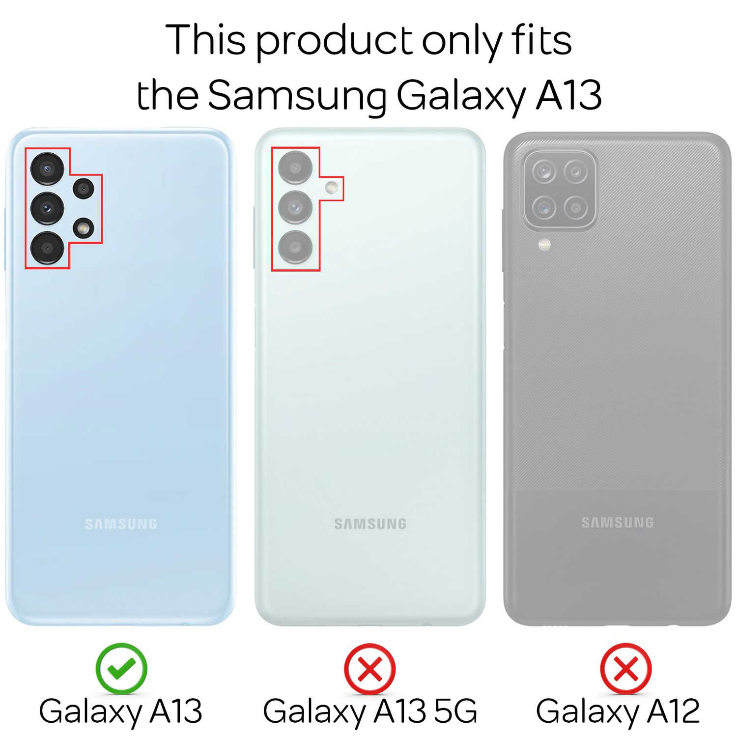 Drei Samsung-Handys: Galaxy A13 (grüner Haken), A13 5G (rotes Kreuz), A12 (rotes Kreuz).