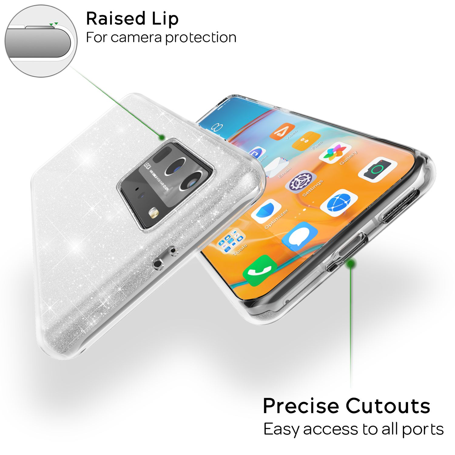 Glitzernde Schutzhülle für Smartphone mit Kamera-Ausschnitt und präzisen Anschlüssen.