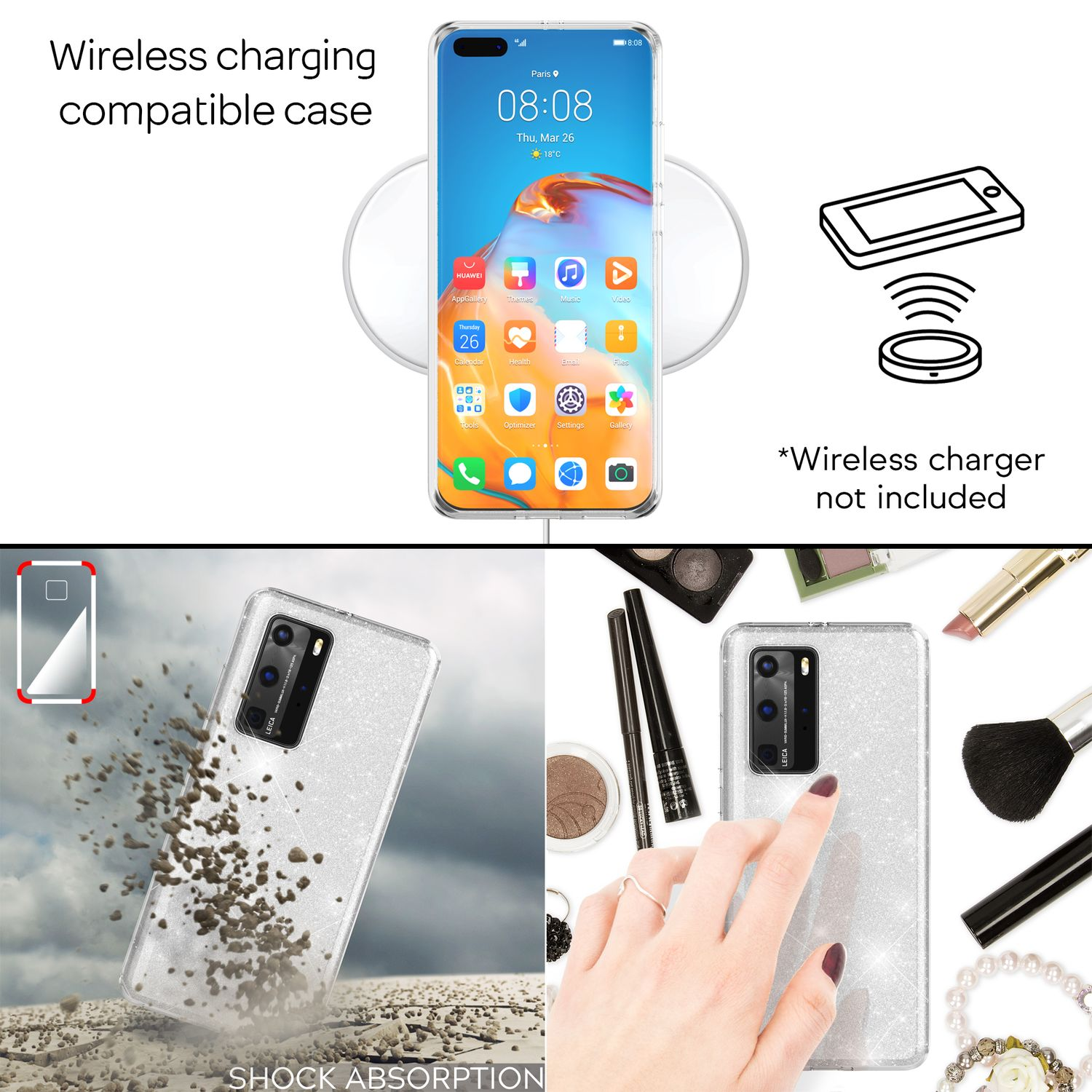 Smartphone-Hülle mit Glitzer, die kabelloses Laden unterstützt und stoßfest ist.