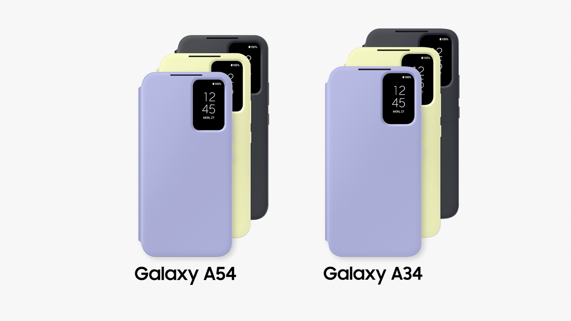 Trois coques de téléphone violettes, jaunes et noires pour Galaxy A54 et A34.