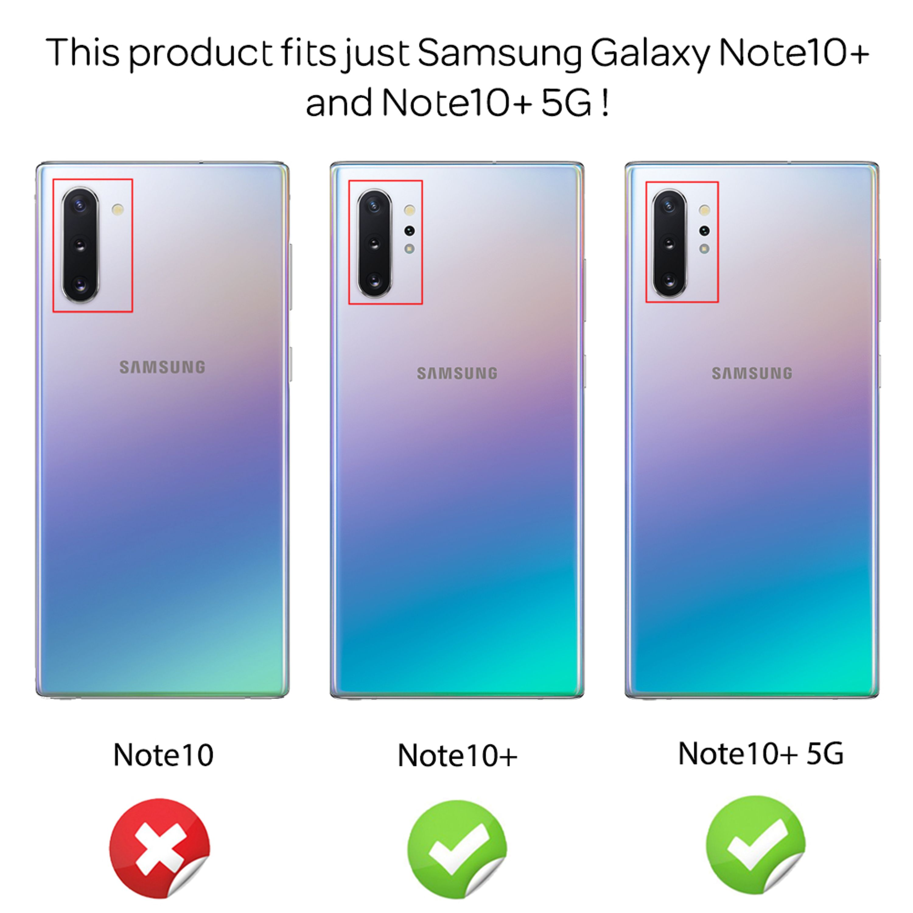 Drei Samsung Handys: Note10 (rot X), Note10+ & 5G (grüne Häkchen).