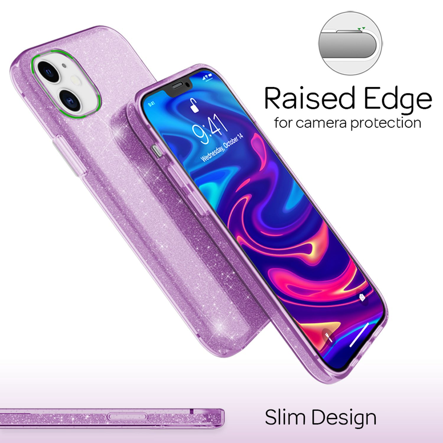Lila Glitzer-Handyhülle mit angezeigtem Smartphone und Kamera-Schutz-Detail.