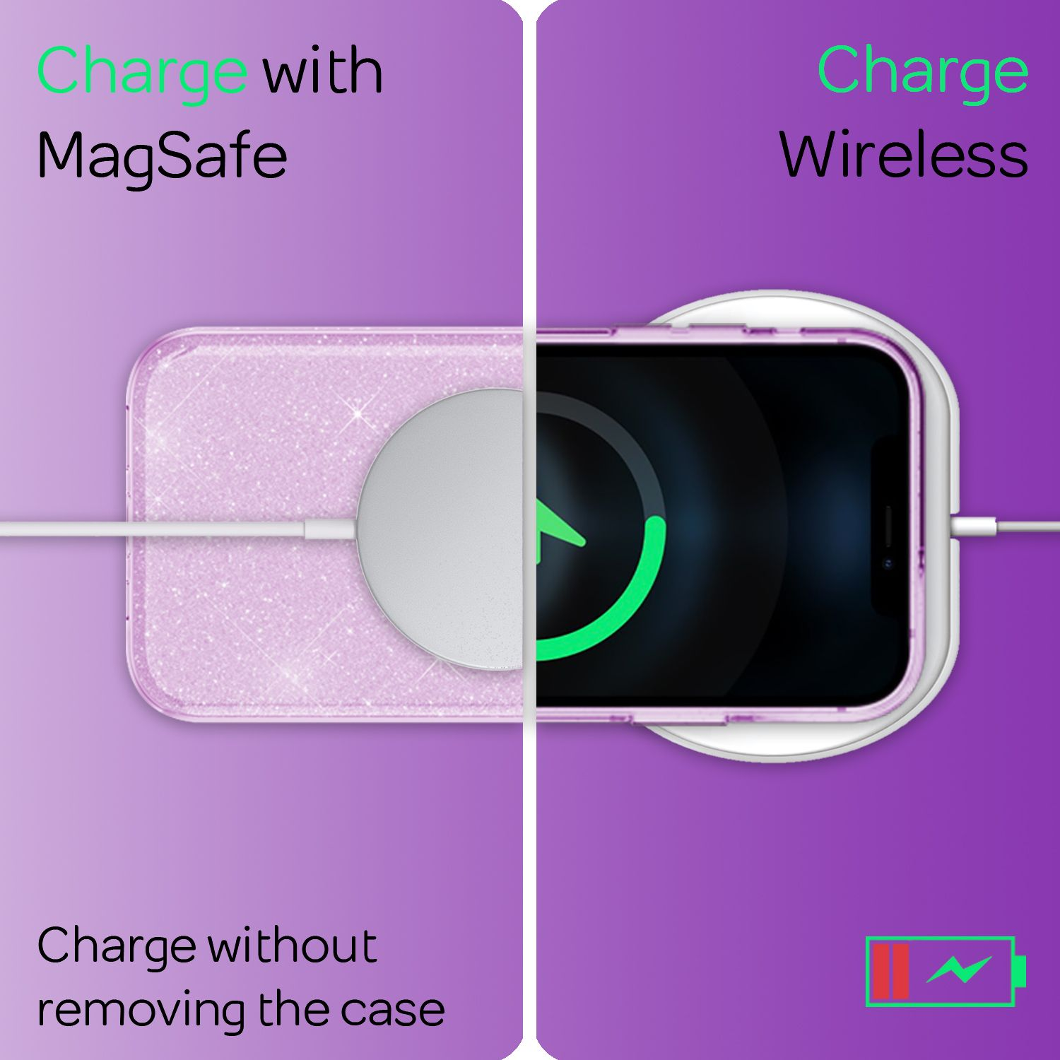 Lila Handyhülle mit MagSafe-Ladegerät und kabellosem Ladegerät.