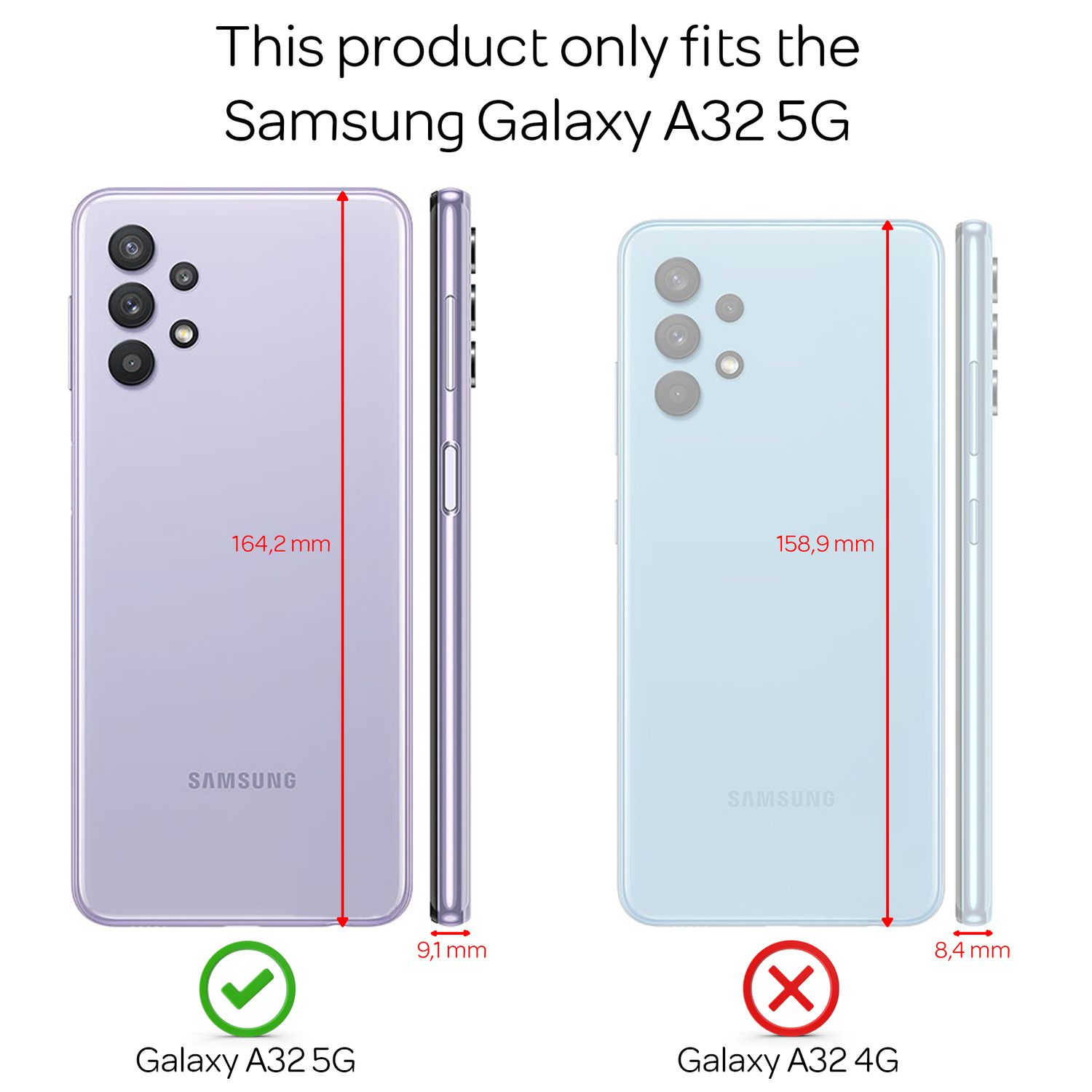 Vergleich von Samsung Galaxy A32 5G und 4G mit Maßen.