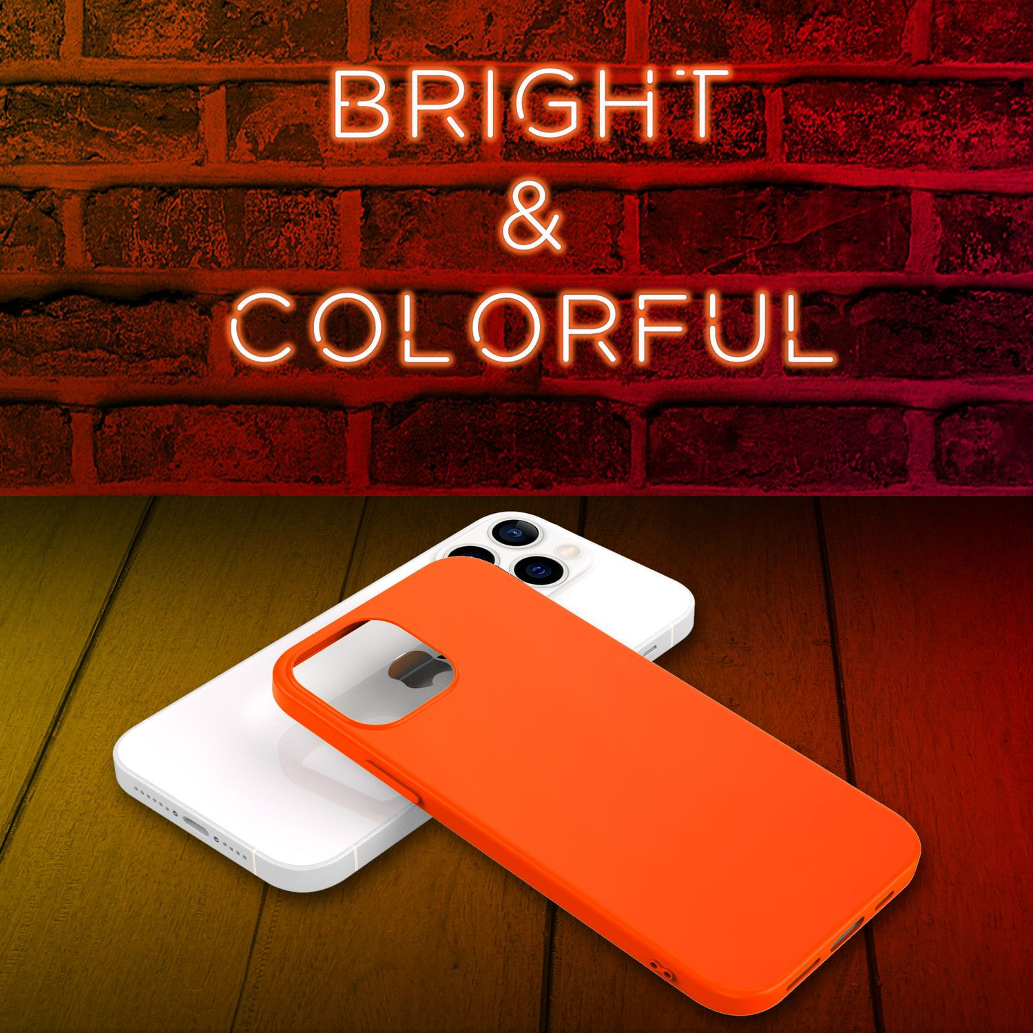 Uno smartphone bianco con una custodia arancione brillante su sfondo di legno.