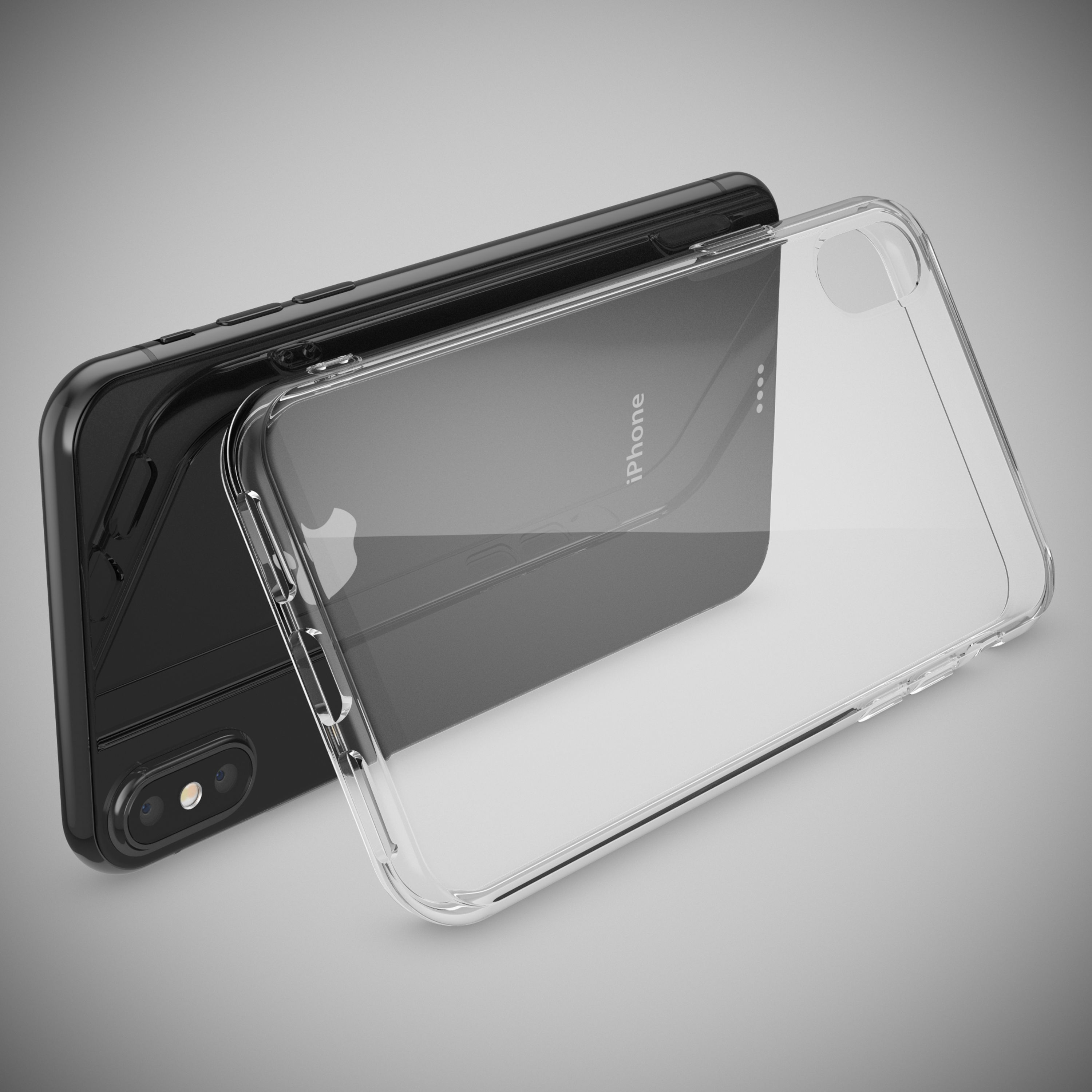 Ein schwarzes iPhone liegt neben einer transparenten Schutzhülle.