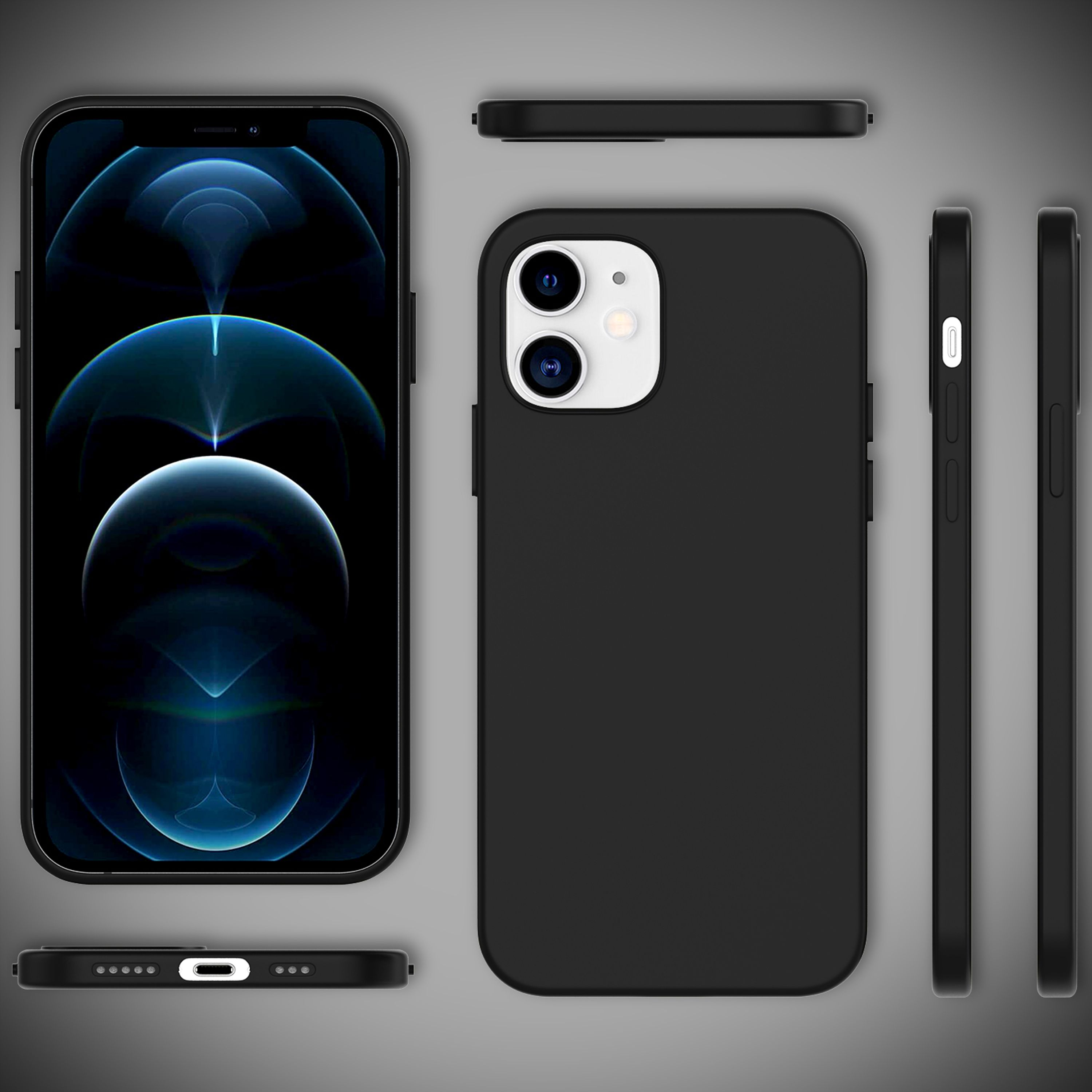 Ein schwarzes iPhone mit blauem Hintergrundbild, das von vorne und von der Seite gezeigt wird.