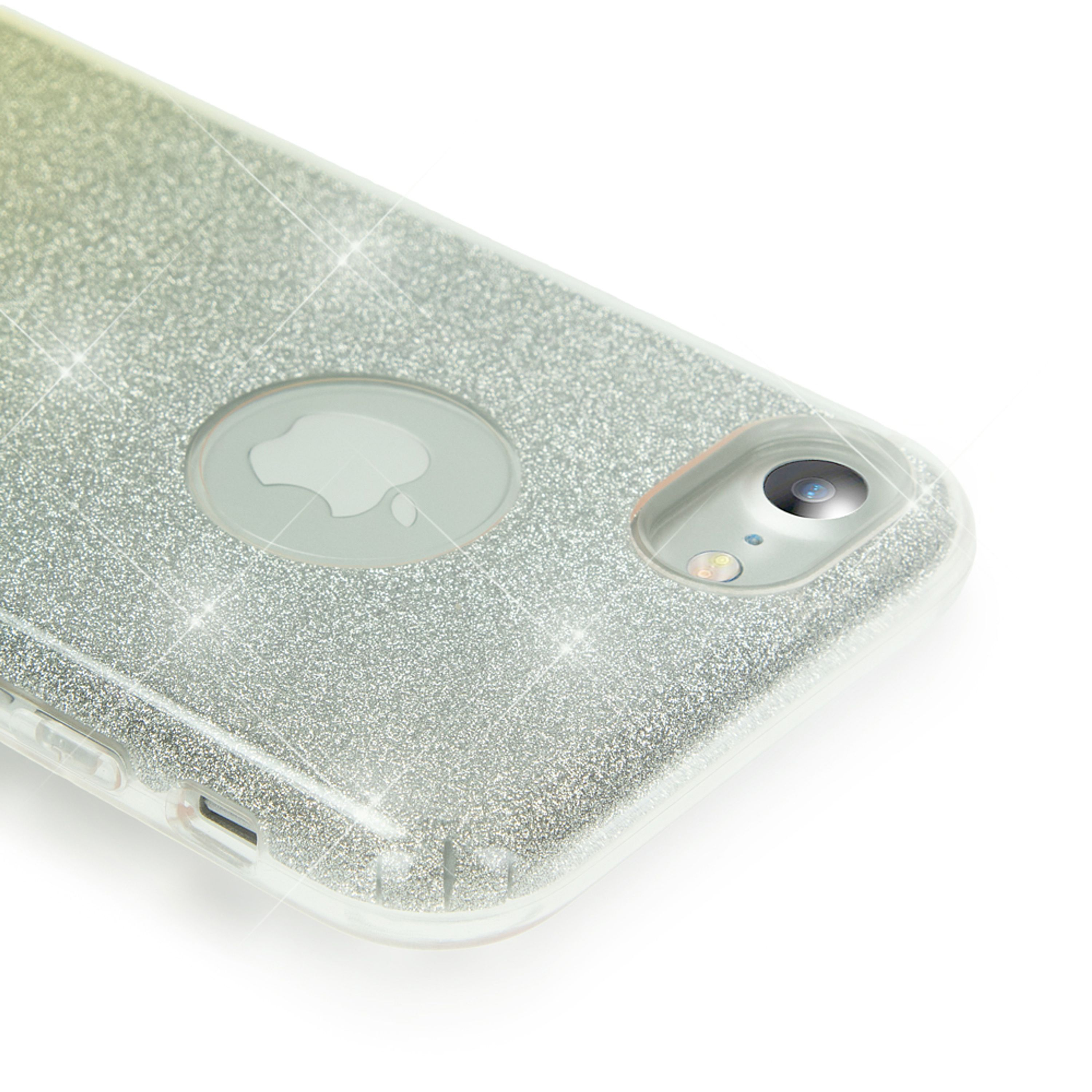 Silberne glitzernde Handyhülle mit Kamera und Apple-Logo.