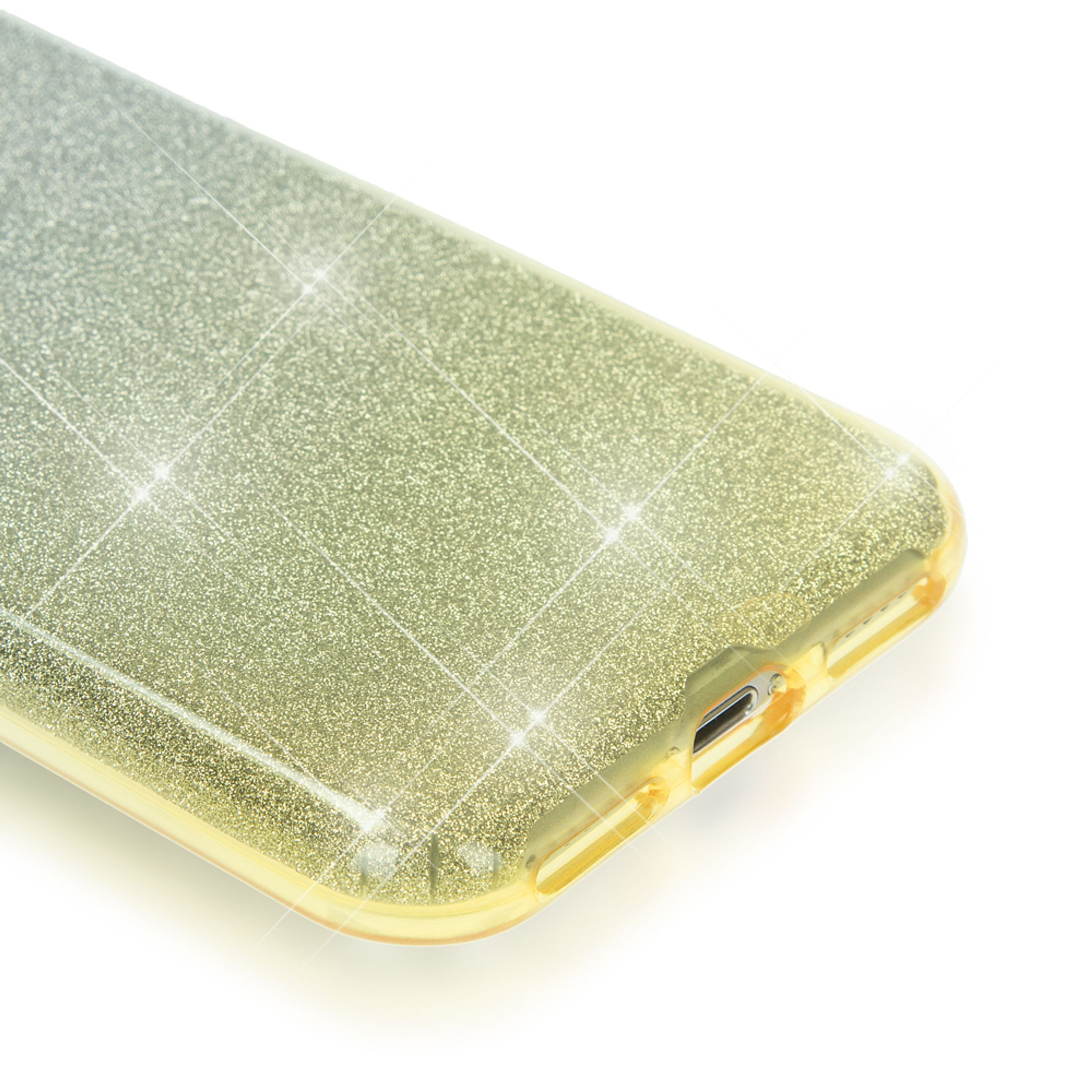 Glitzernde Handyhülle in Gelb- und Grüntönen mit Ladeanschluss.