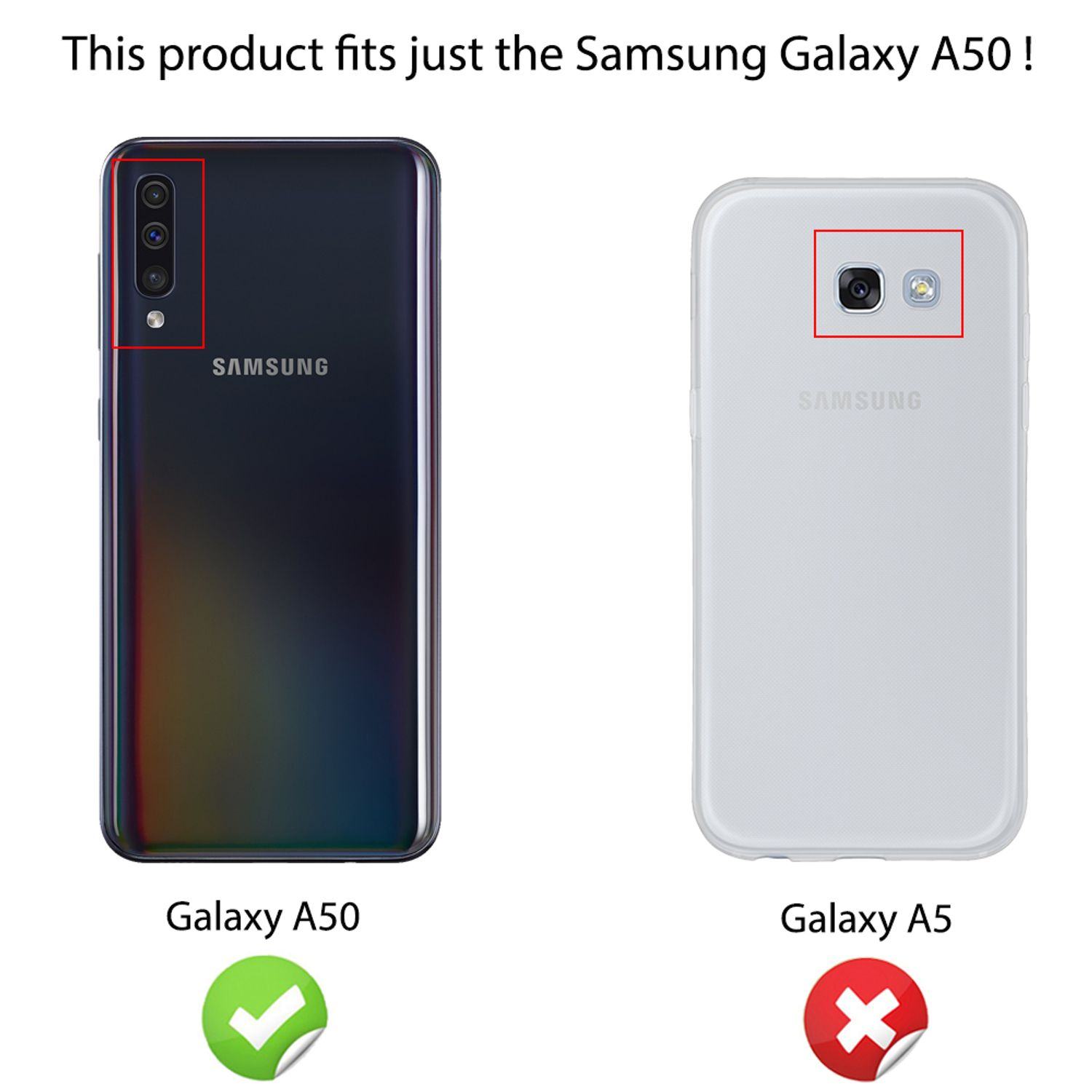 Confronto: Il Galaxy A50 con 3 fotocamere (spunta verde) è compatibile, l'A5 con 2 fotocamere (croce rossa) no.