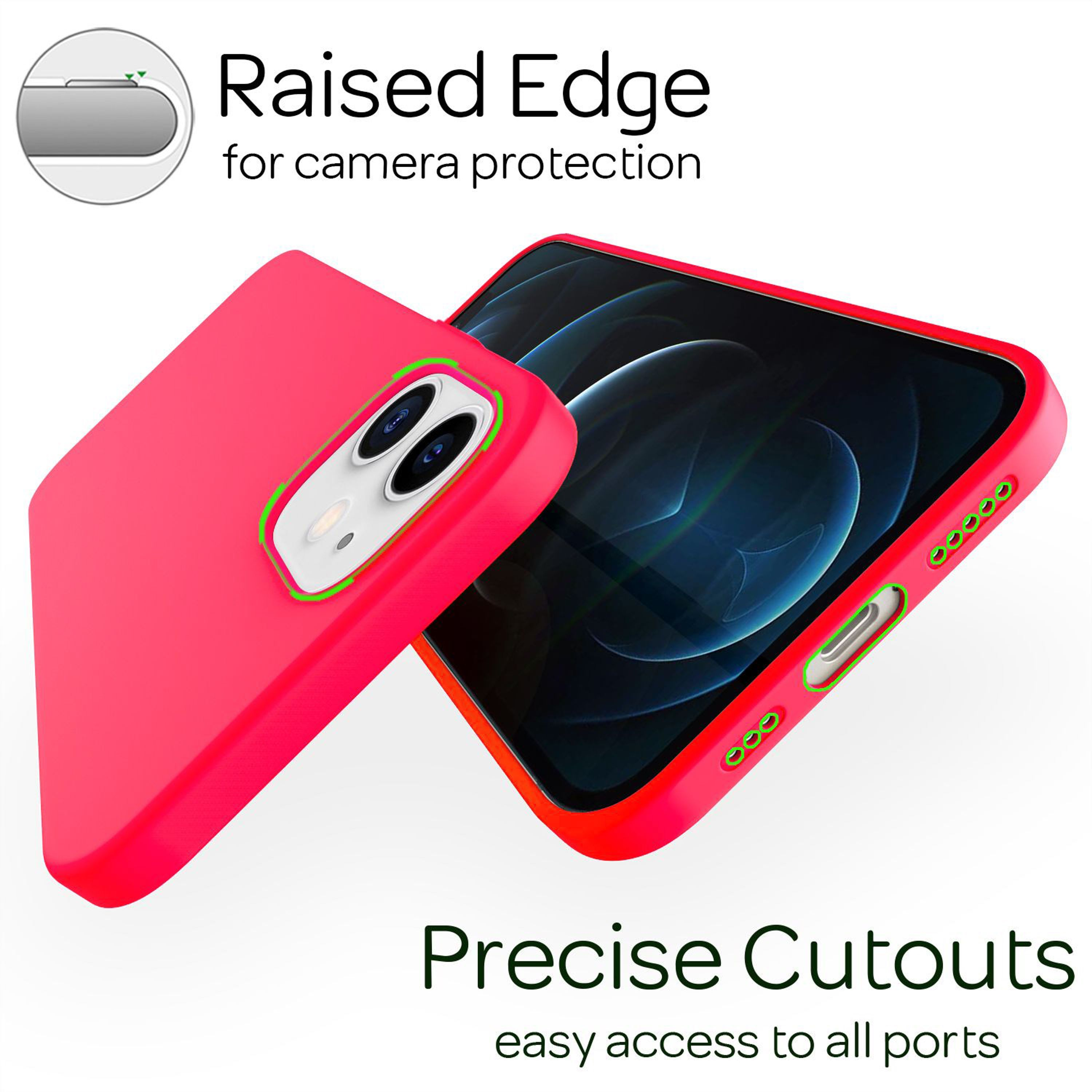 Ein rotes Handycover mit präzisen Aussparungen und erhöhtem Rand für Kameraschutz.