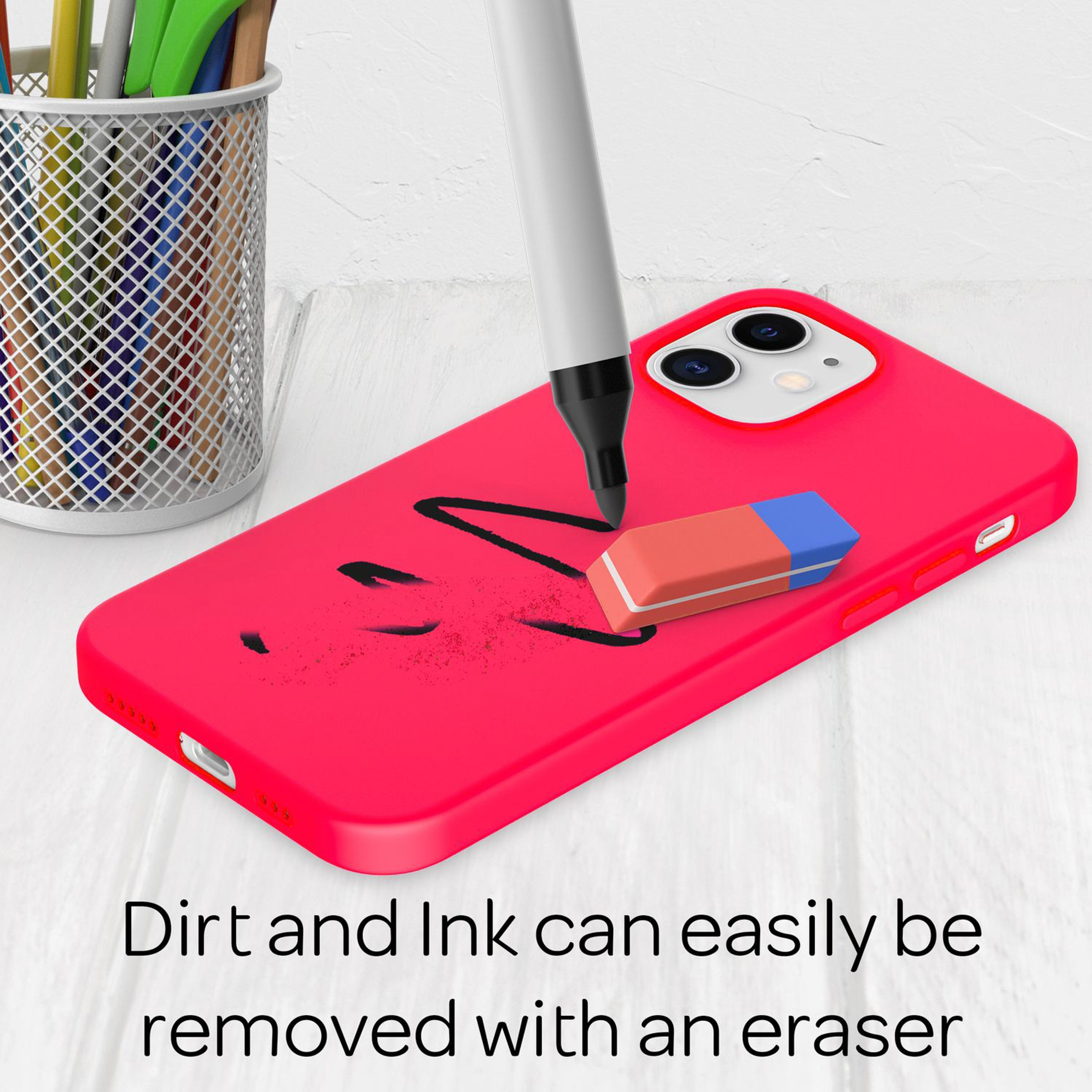 Ein rotes Handycover mit einem Radiergummi, der Tinte löscht.
