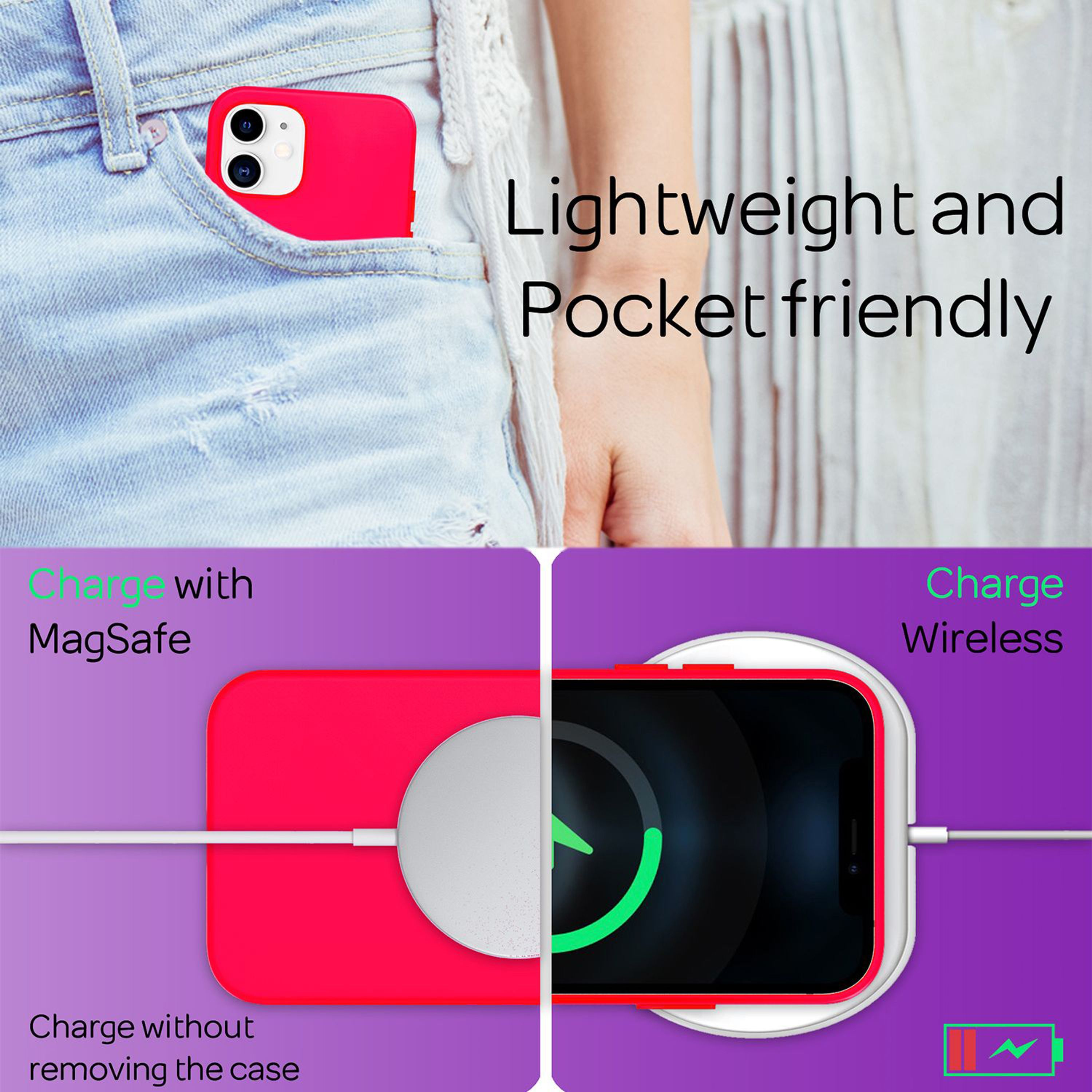 Rotes Handy in Jeans-Tasche, MagSafe- und kabelloses Laden.